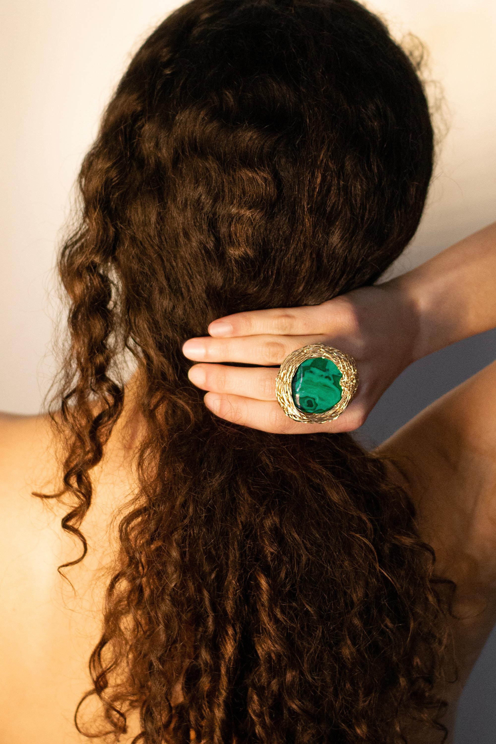 Contemporary Malachite Cocktail Statement Ring 14 K in Yellow Gold F. by the Artist For Sale