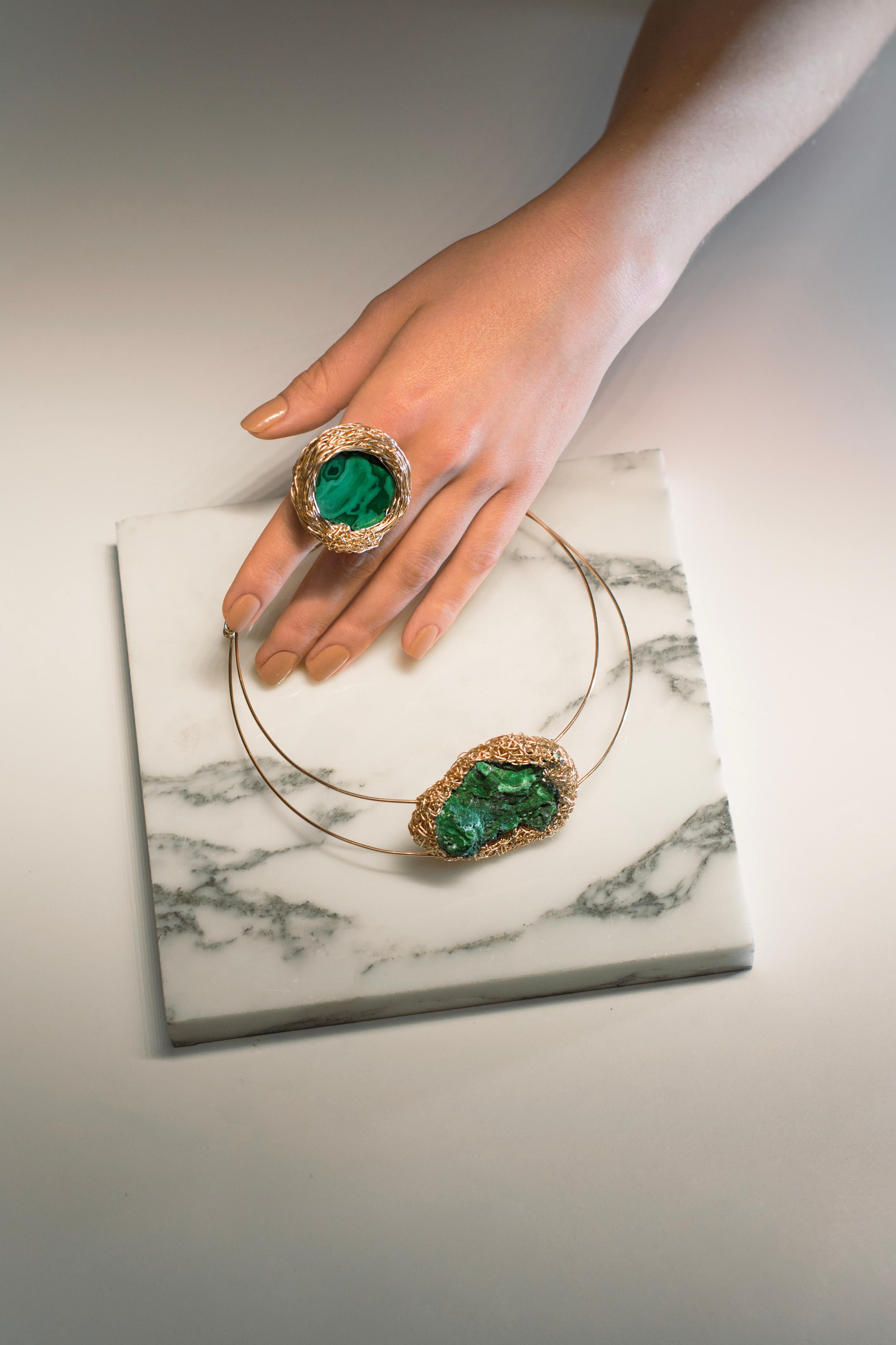 Malachite Cocktail Statement Ring 14 K in Yellow Gold F. by the Artist For Sale 2