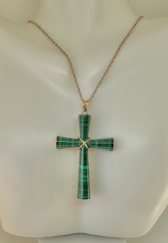 Malachite Cross Pendant 14 Karat Gold Mary Lou Daves Antique Estate Necklace