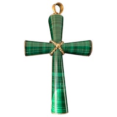 Malachite Cross Pendant 14 Karat Gold Mary Lou Daves Antique Estate Necklace