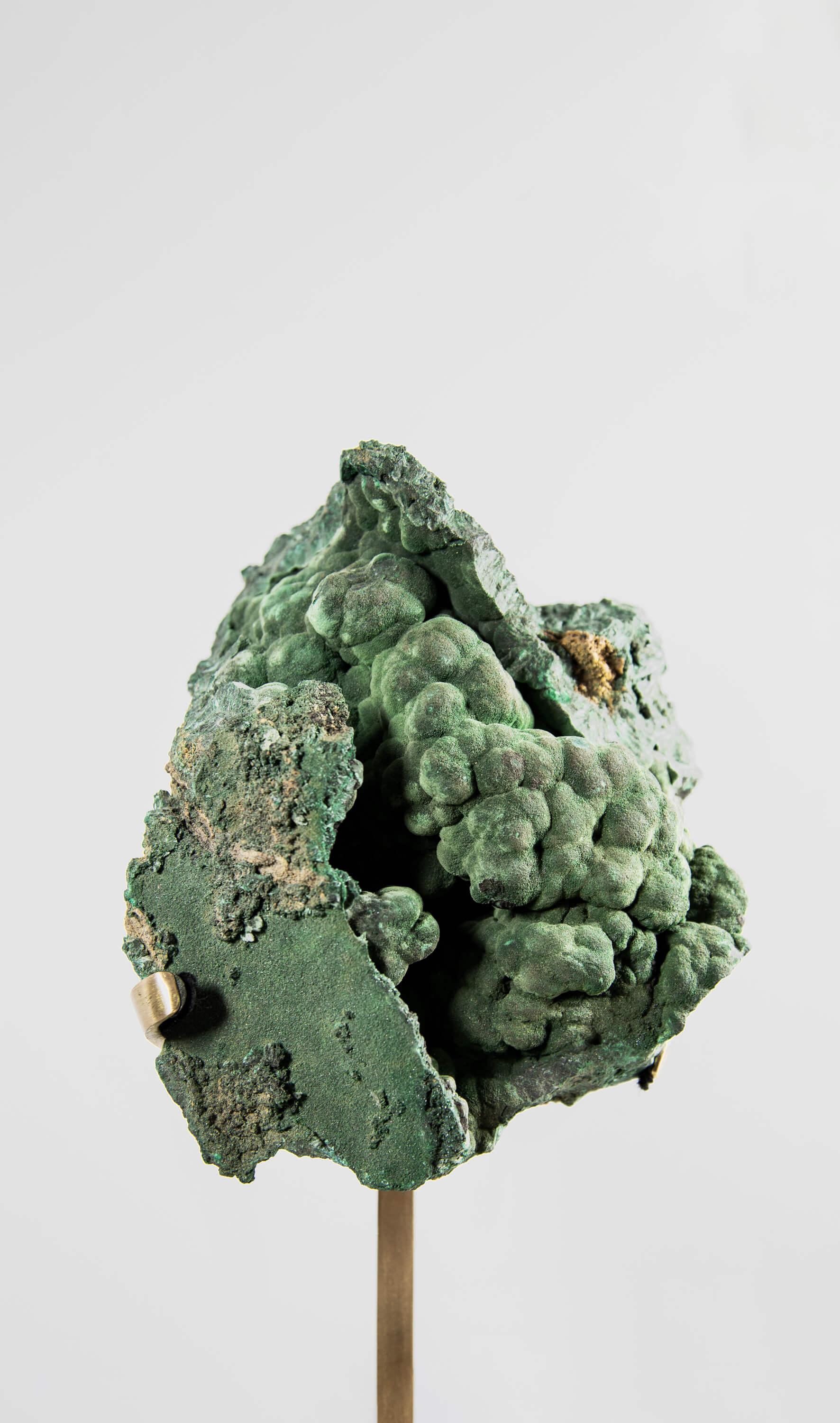 Preistorico Cristallo di malachite con supporto in ottone in vendita