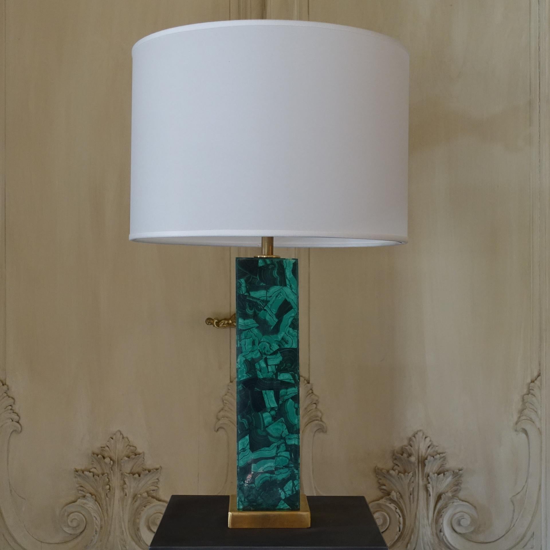 Malachite Decorative Table Lamp, Brass Details In Good Condition In Firenze, IT