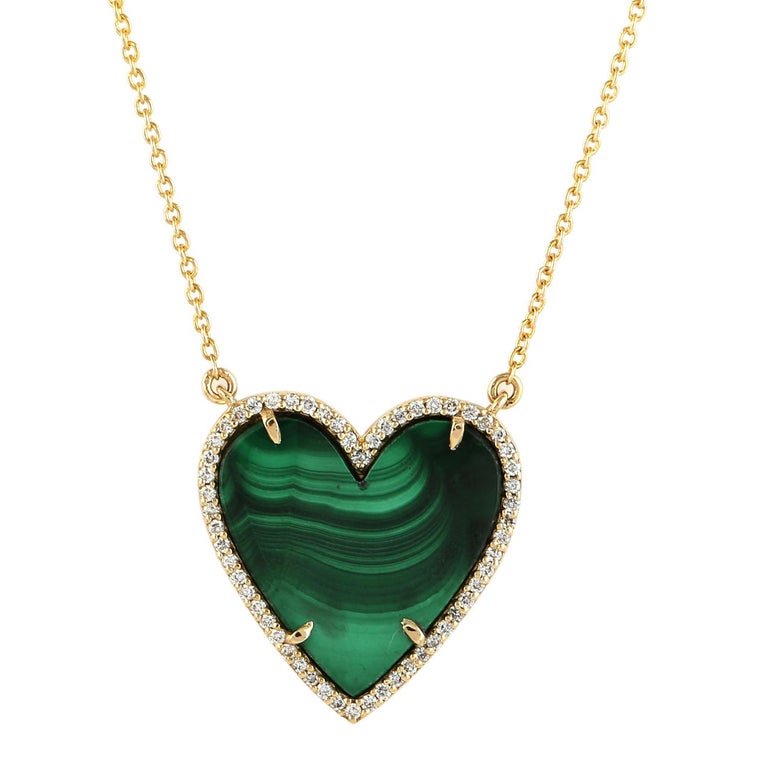 Malachite Diamond 14 Karat Gold Heart Diamond Charm Pendant Necklace