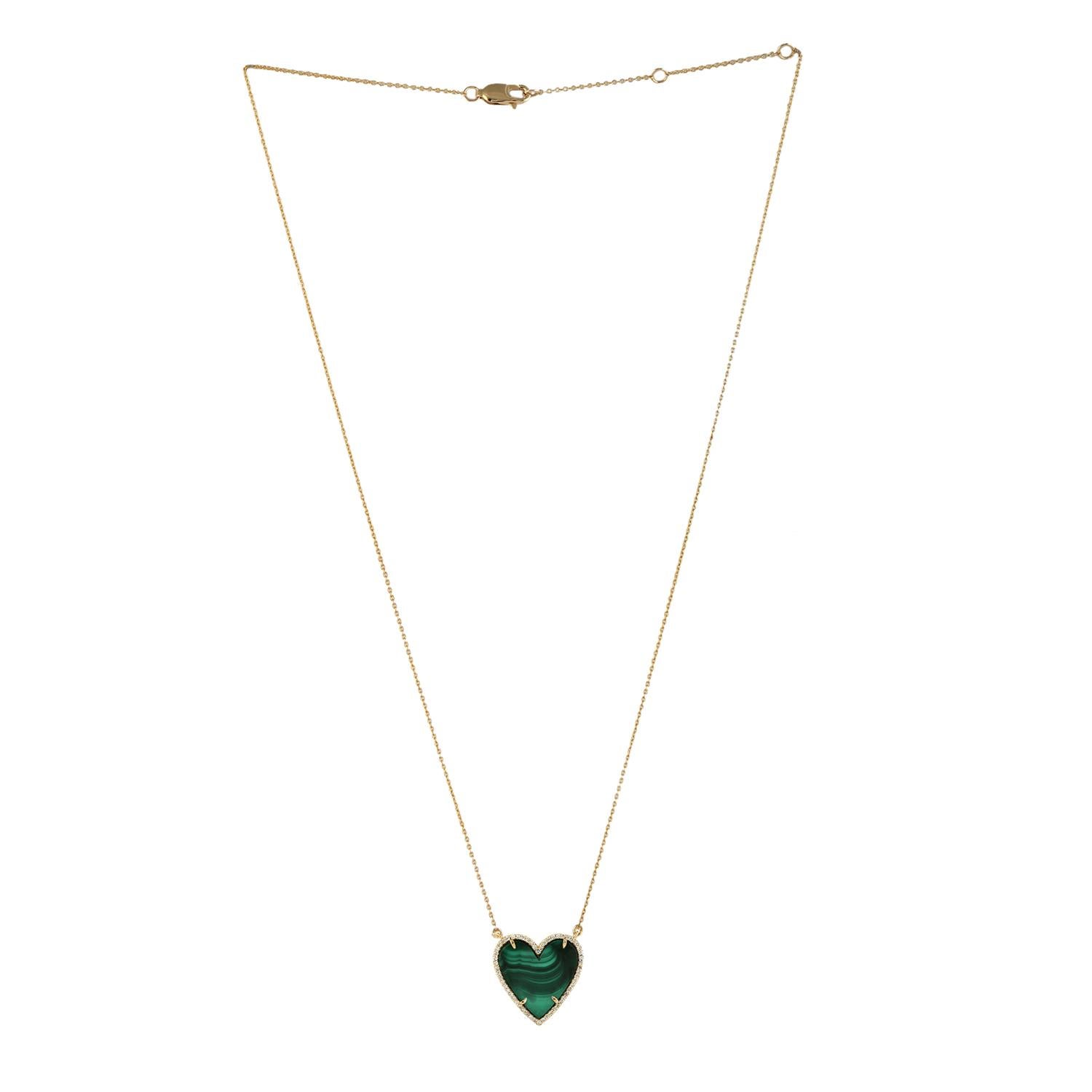Heart Cut Malachite Diamond 14 Karat Gold Heart Diamond Charm Pendant Necklace For Sale
