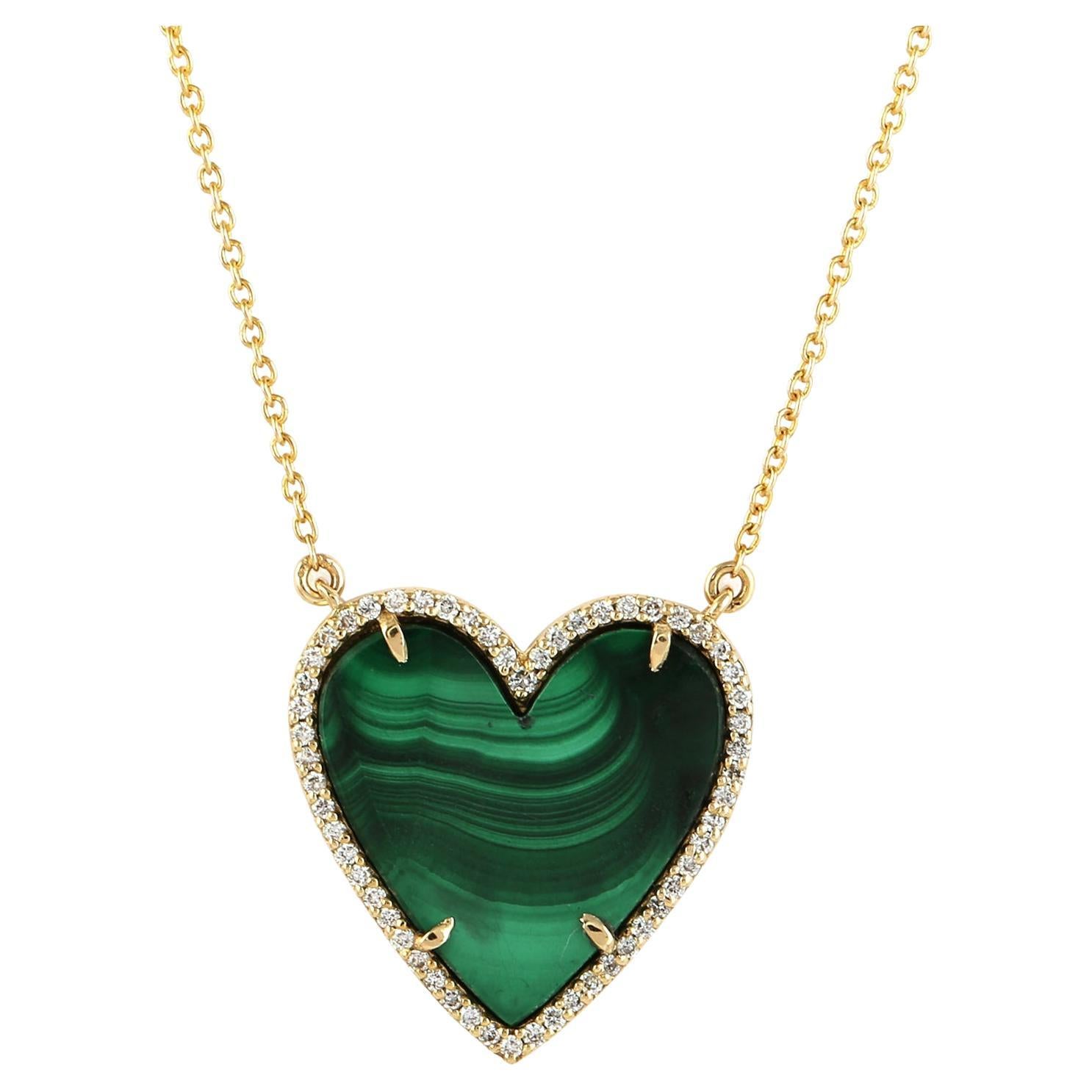 Malachite Diamond 14 Karat Gold Heart Diamond Charm Pendant Necklace For Sale
