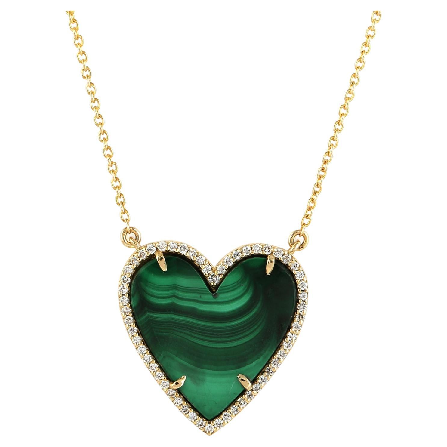 Malachite Diamond 14 Karat Gold Heart Diamond Charm Pendant Necklace