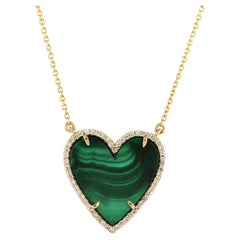 Malachite Diamond 14 Karat Gold Heart Diamond Charm Pendant Necklace