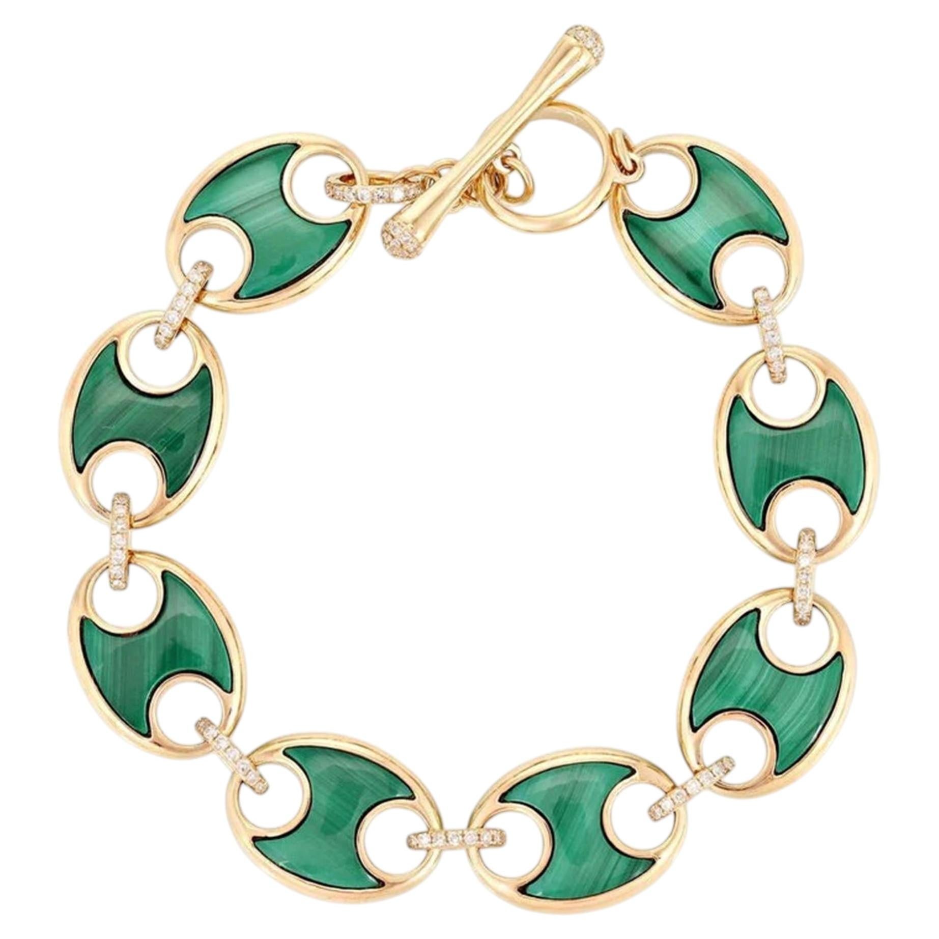 Malachite Diamond 14K (or 18k upon request) Yellow Gold Clasp Link Bracelet For Sale