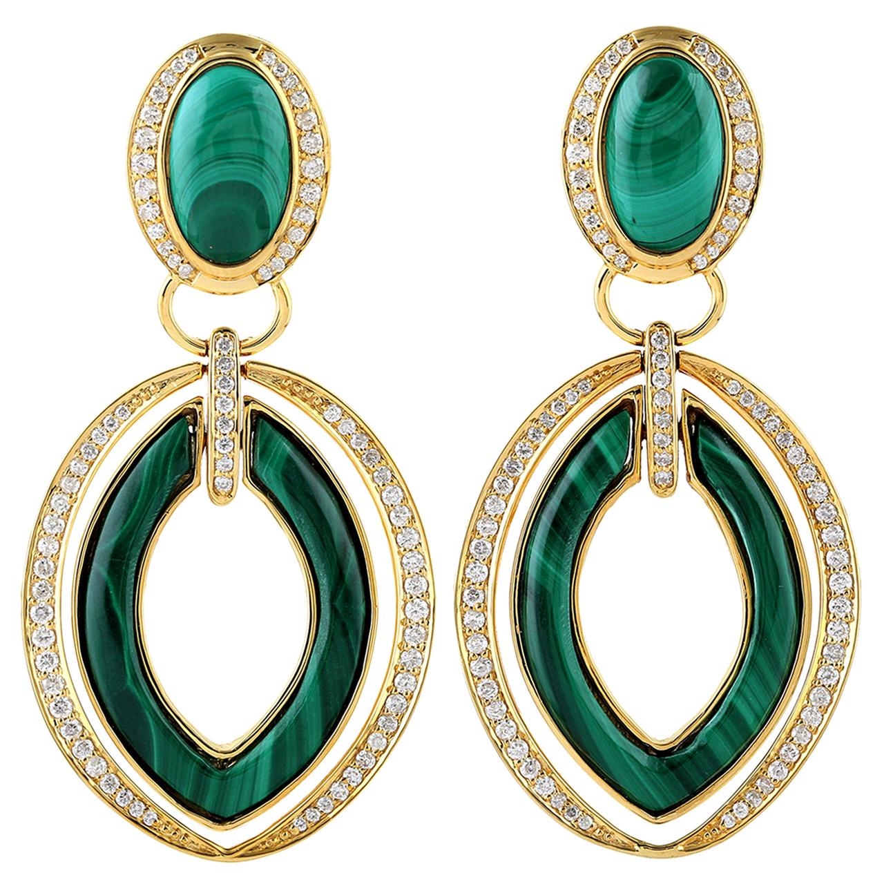 Malachite Diamond 18 Karat Gold Door Knocker Earrings For Sale