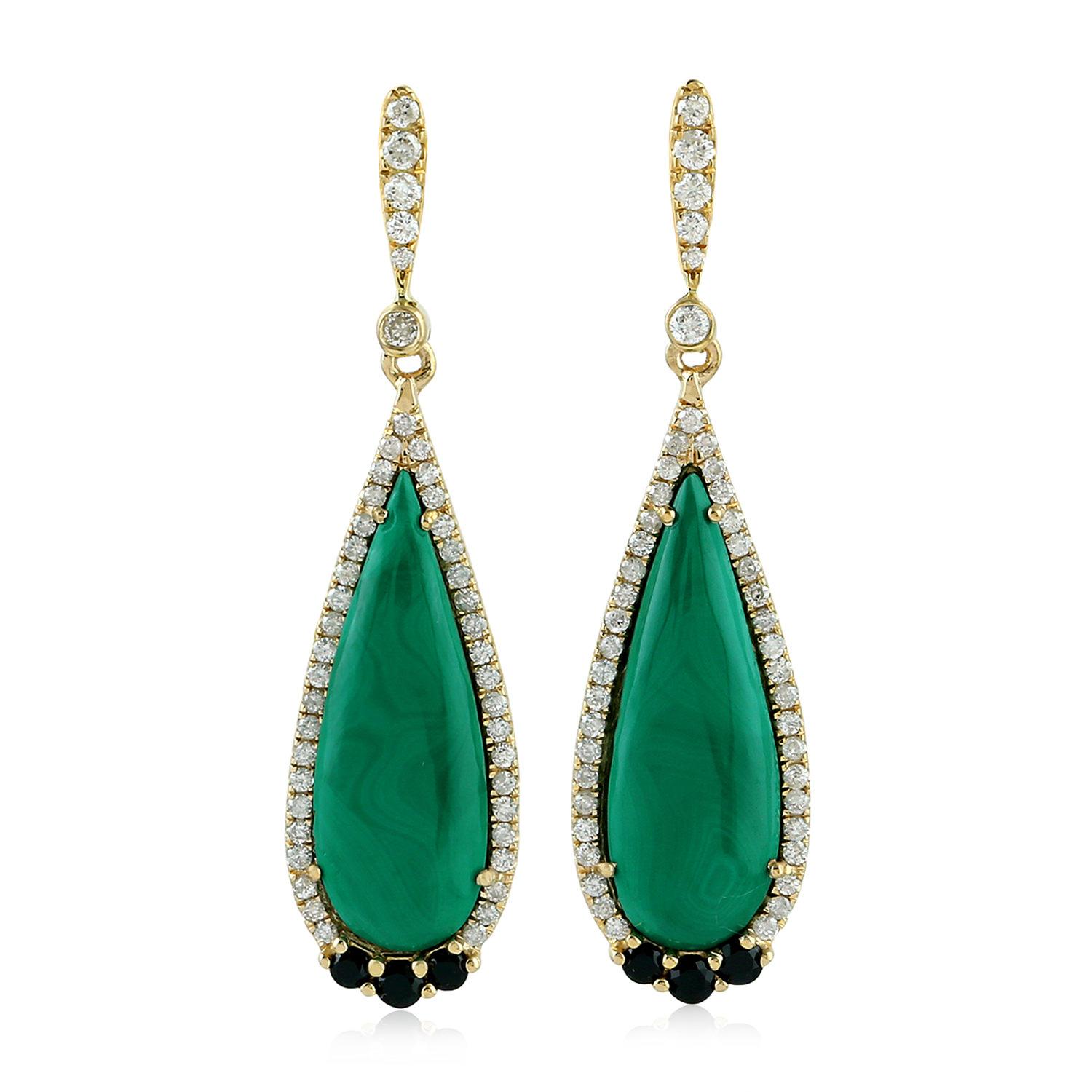 Pear Cut Malachite Diamond 18 Karat Gold Earrings For Sale