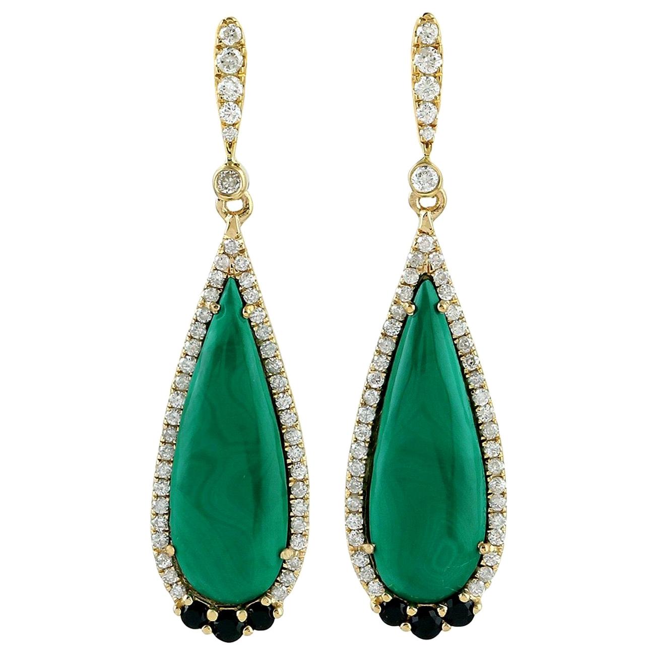 Malachite Diamond 14 Karat Gold Earrings
