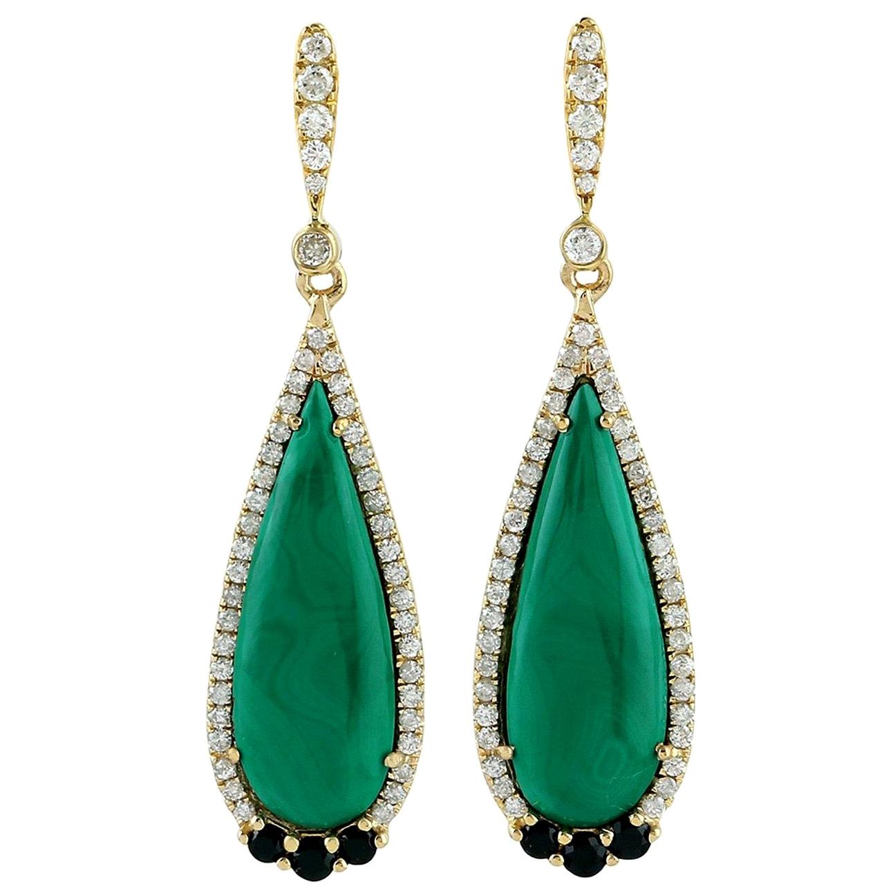 Malachite Diamond 18 Karat Gold Earrings For Sale