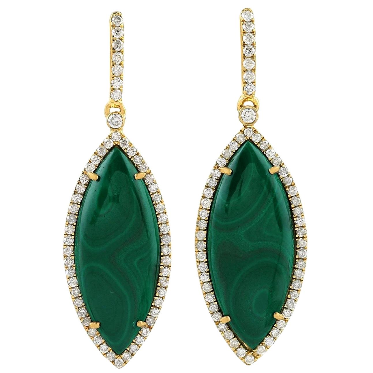 Malachite Diamond 18 Karat Gold Earrings For Sale