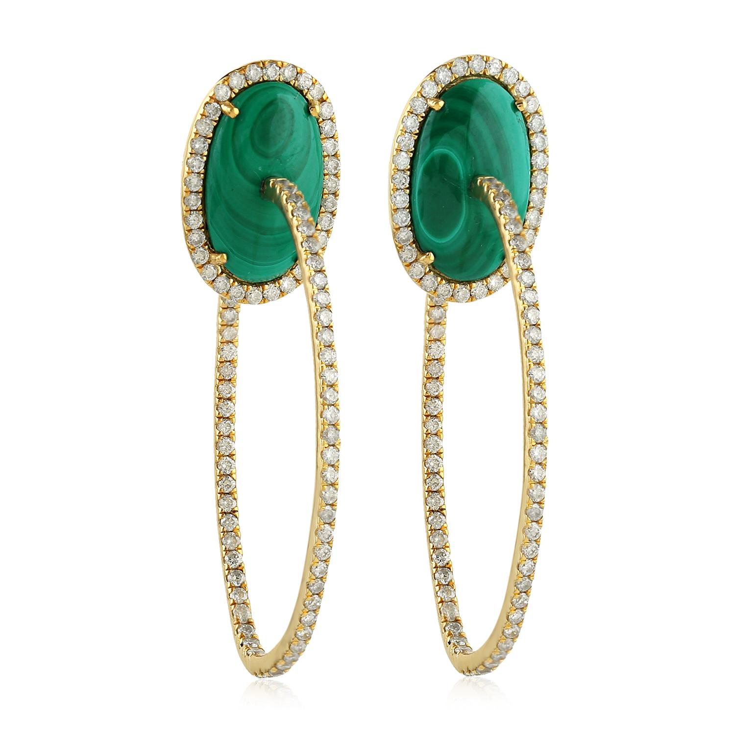 Single Cut Malachite Diamond 18 Karat Gold Hoop Earrings For Sale