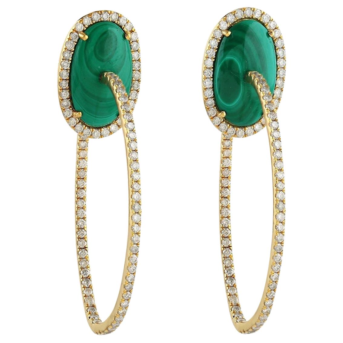 Malachite Diamond 18 Karat Gold Hoop Earrings For Sale