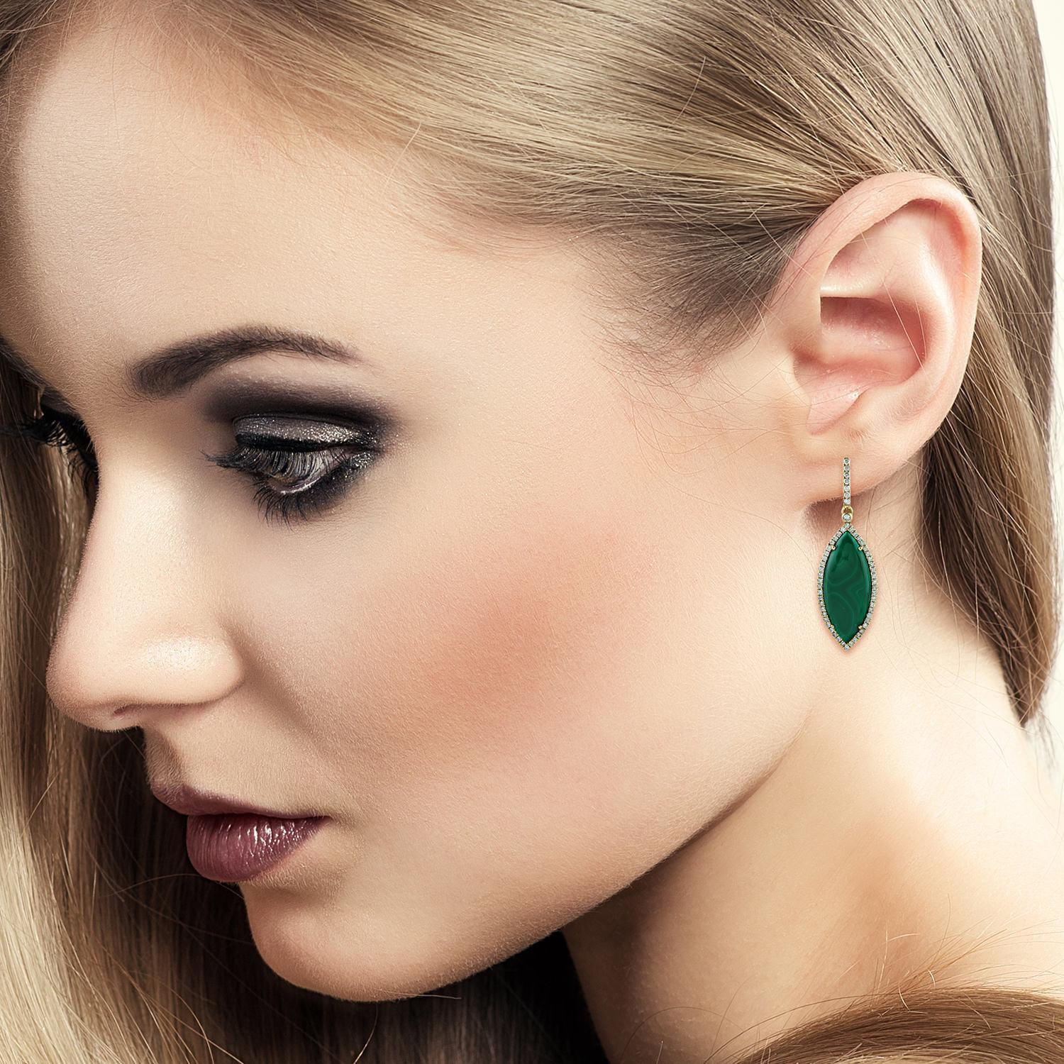 Handcrafted from 18-karat gold, these beautiful earrings are set with 9.29 carats Malachite and .76 carats of glimmering diamonds. Also available in turquoise.

FOLLOW  MEGHNA JEWELS storefront to view the latest collection & exclusive pieces. 