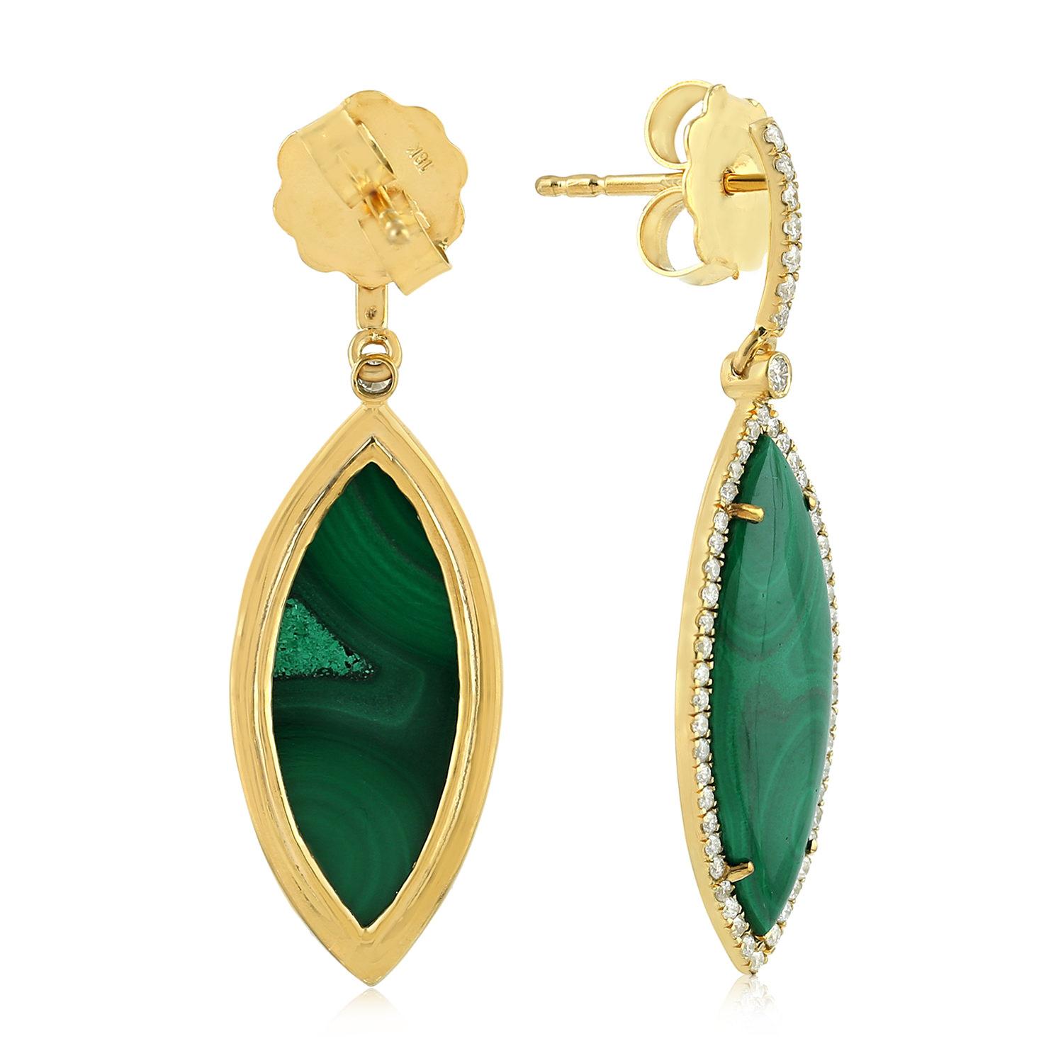 Modern Malachite Diamond 18 Karat Gold Marquise Earrings For Sale