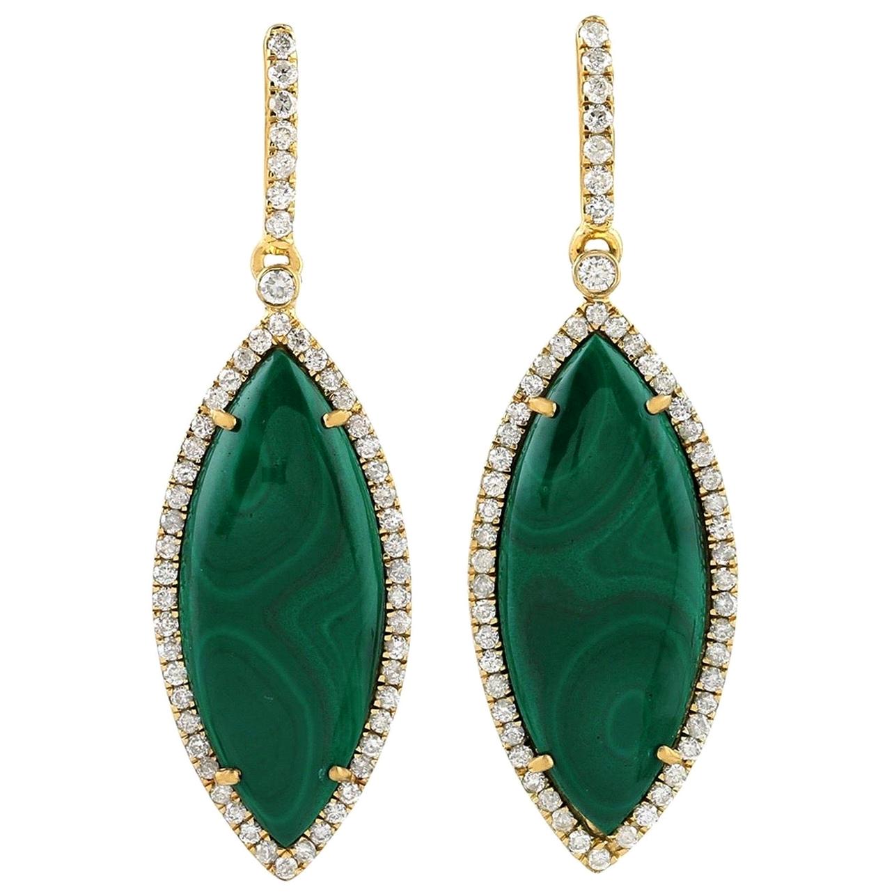 Boucles d'oreilles marquises en or 18 carats avec malachite et diamants