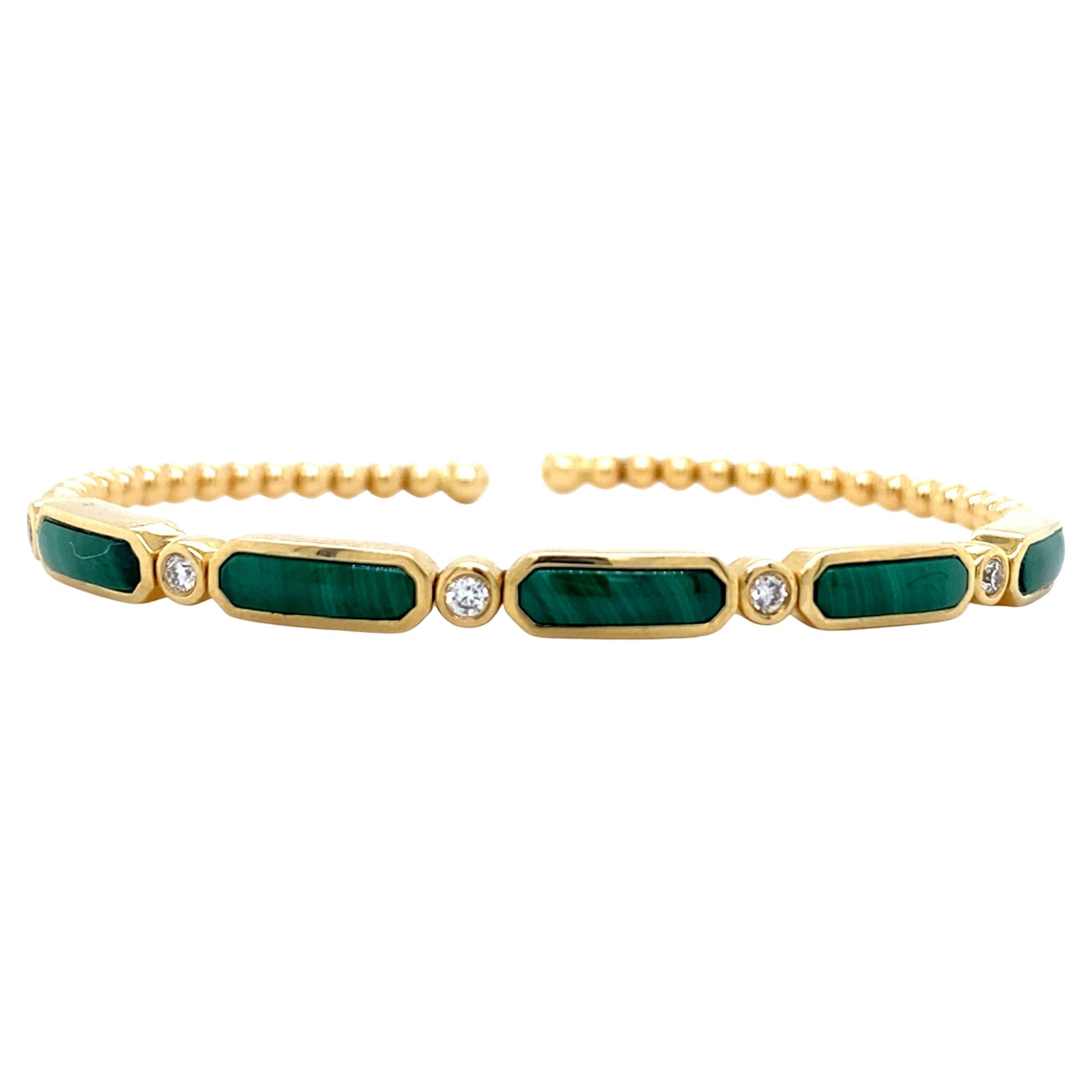 Malachite Diamond Geometric Flex Bangle 14K Yellow Gold Bezel Set BG4940
