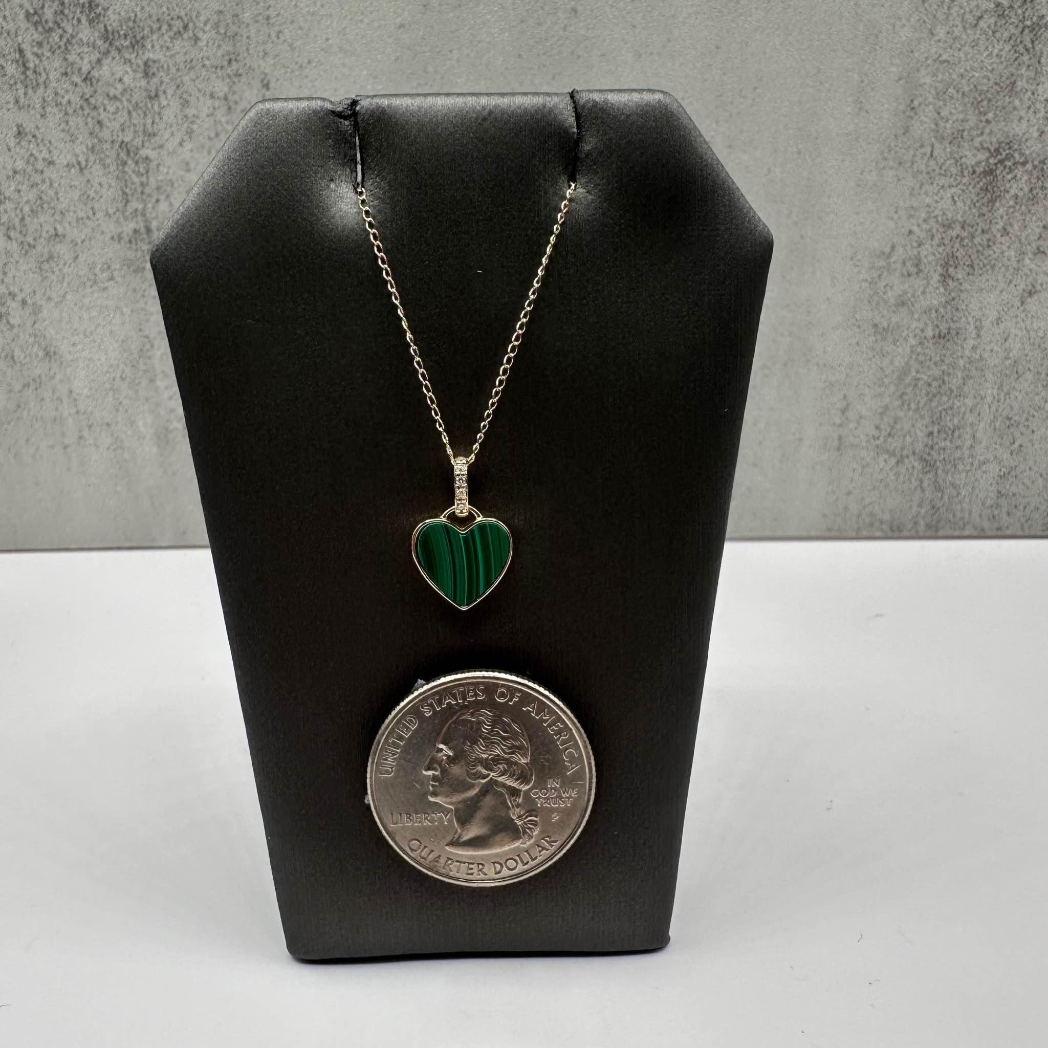 Malachite & Diamond Heart Necklace in 14kt Yellow Gold - 0.03ctw Diamonds, 18