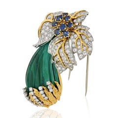 Malachite Diamond Mushroom Brooch 18 Karat Yellow Gold