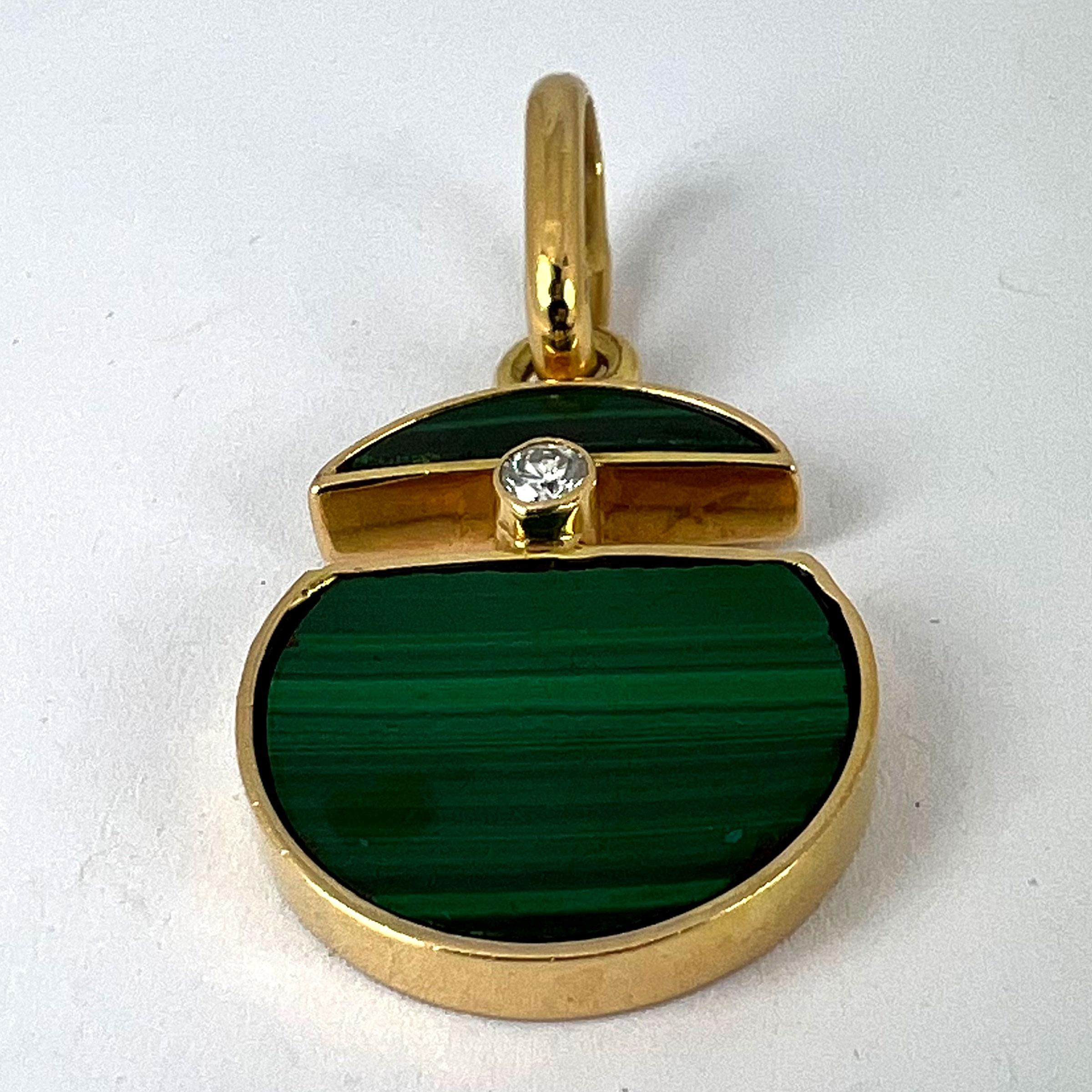 Malachite Diamond Split Circle 18K Yellow Gold Pendant For Sale 9