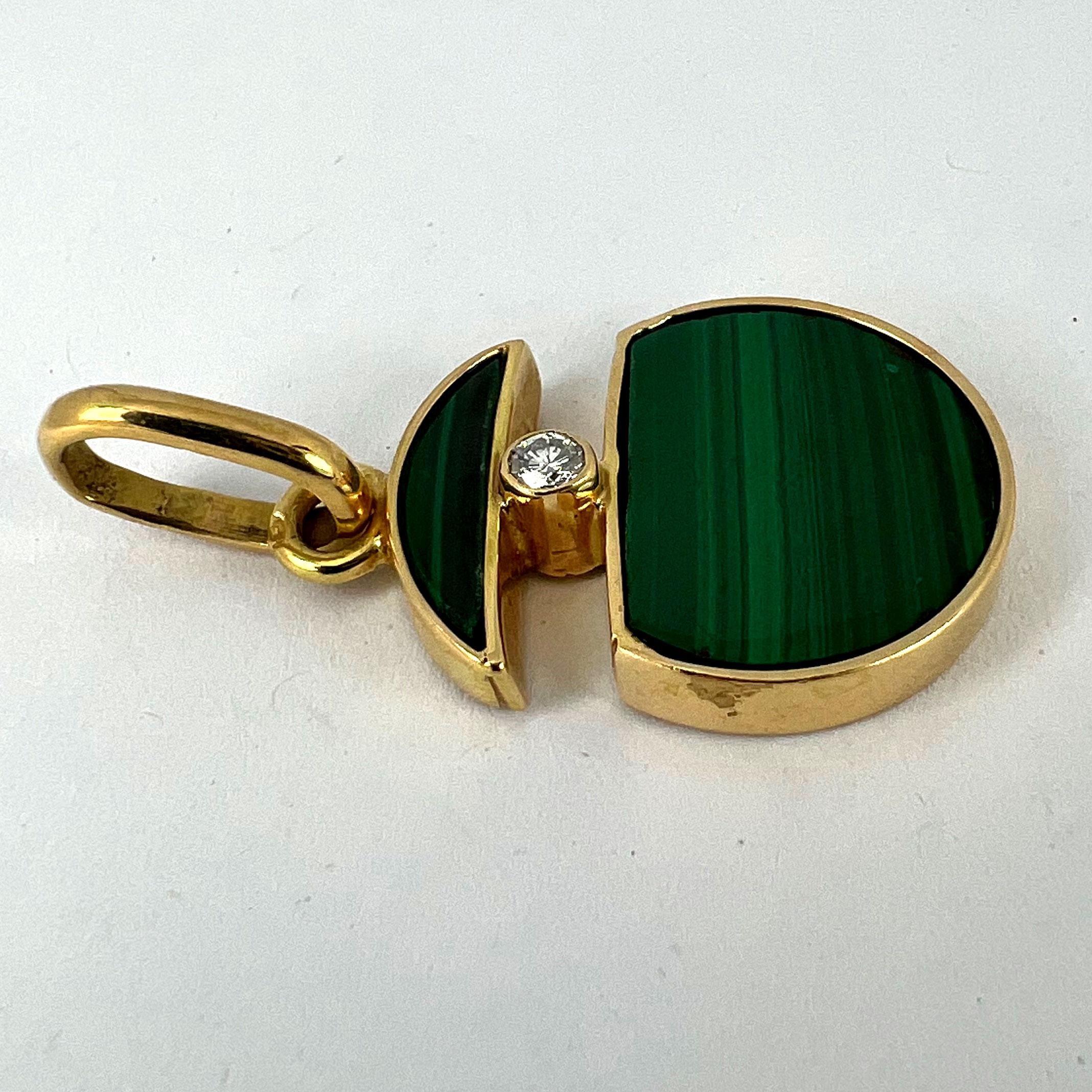 Malachite Diamond Split Circle 18K Yellow Gold Pendant For Sale 10