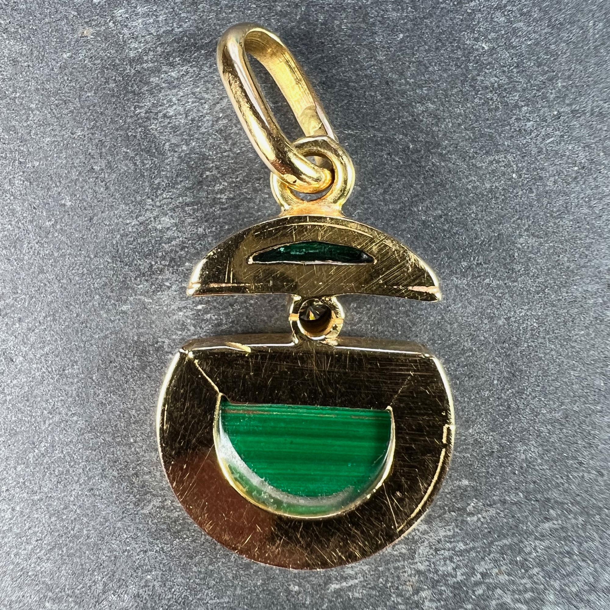 Round Cut Malachite Diamond Split Circle 18K Yellow Gold Pendant For Sale