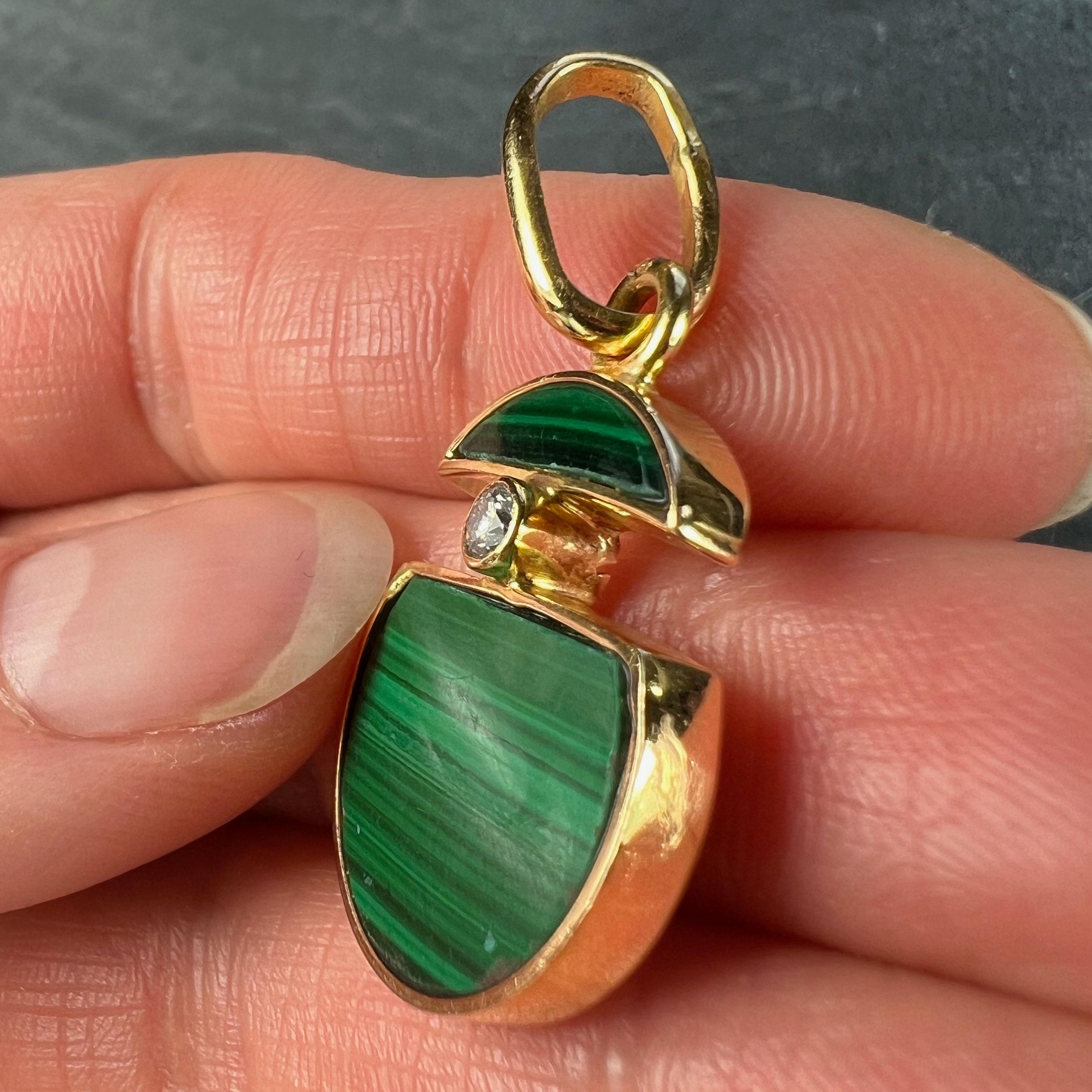 Malachite Diamond Split Circle 18K Yellow Gold Pendant For Sale 2