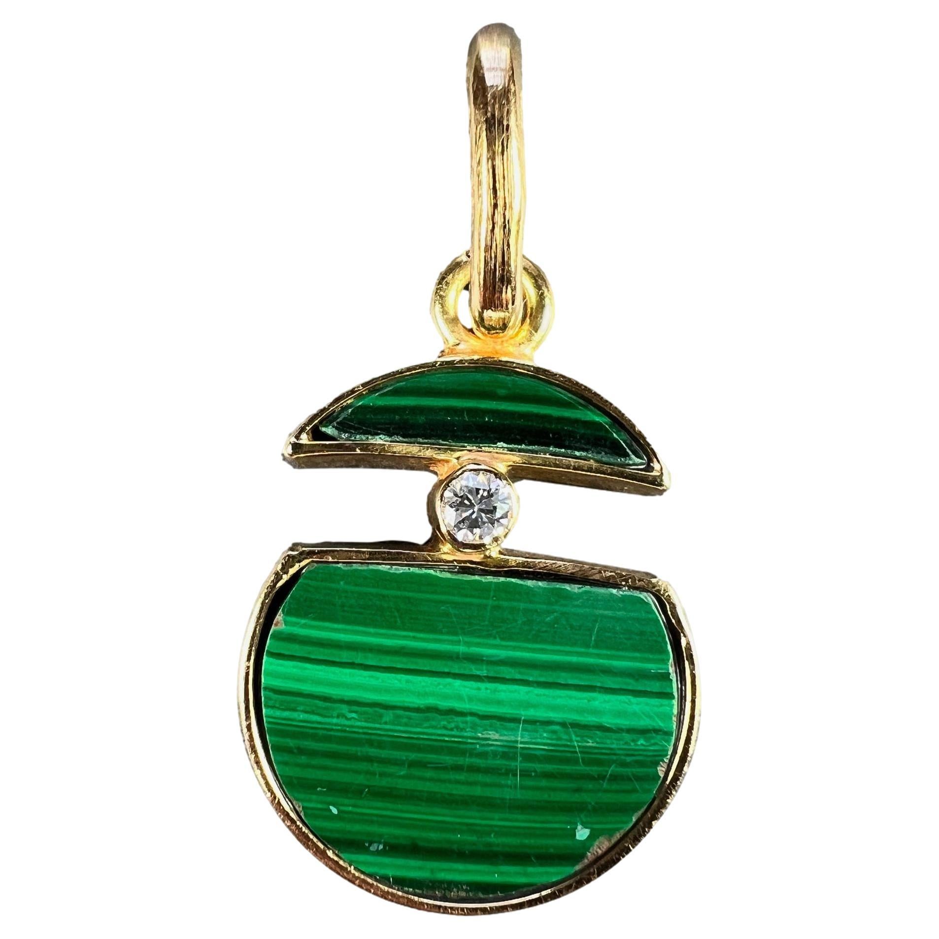 Malachite Diamond Split Circle 18K Yellow Gold Pendant For Sale