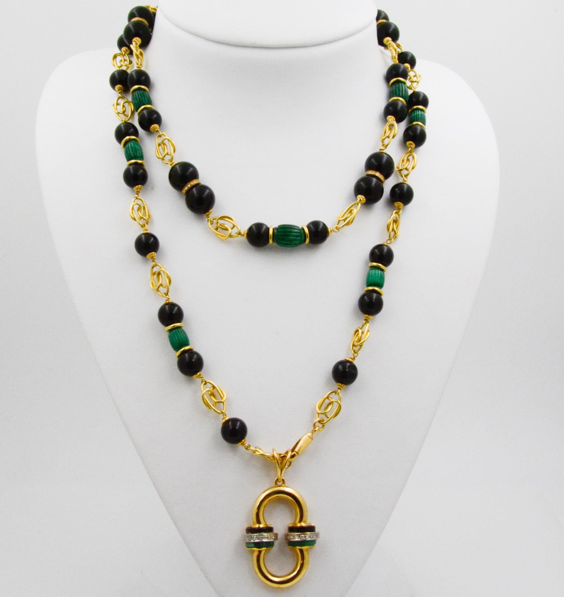 Modern Malachite, Diamonds, Onyx 18 Karat Yellow Gold Necklace