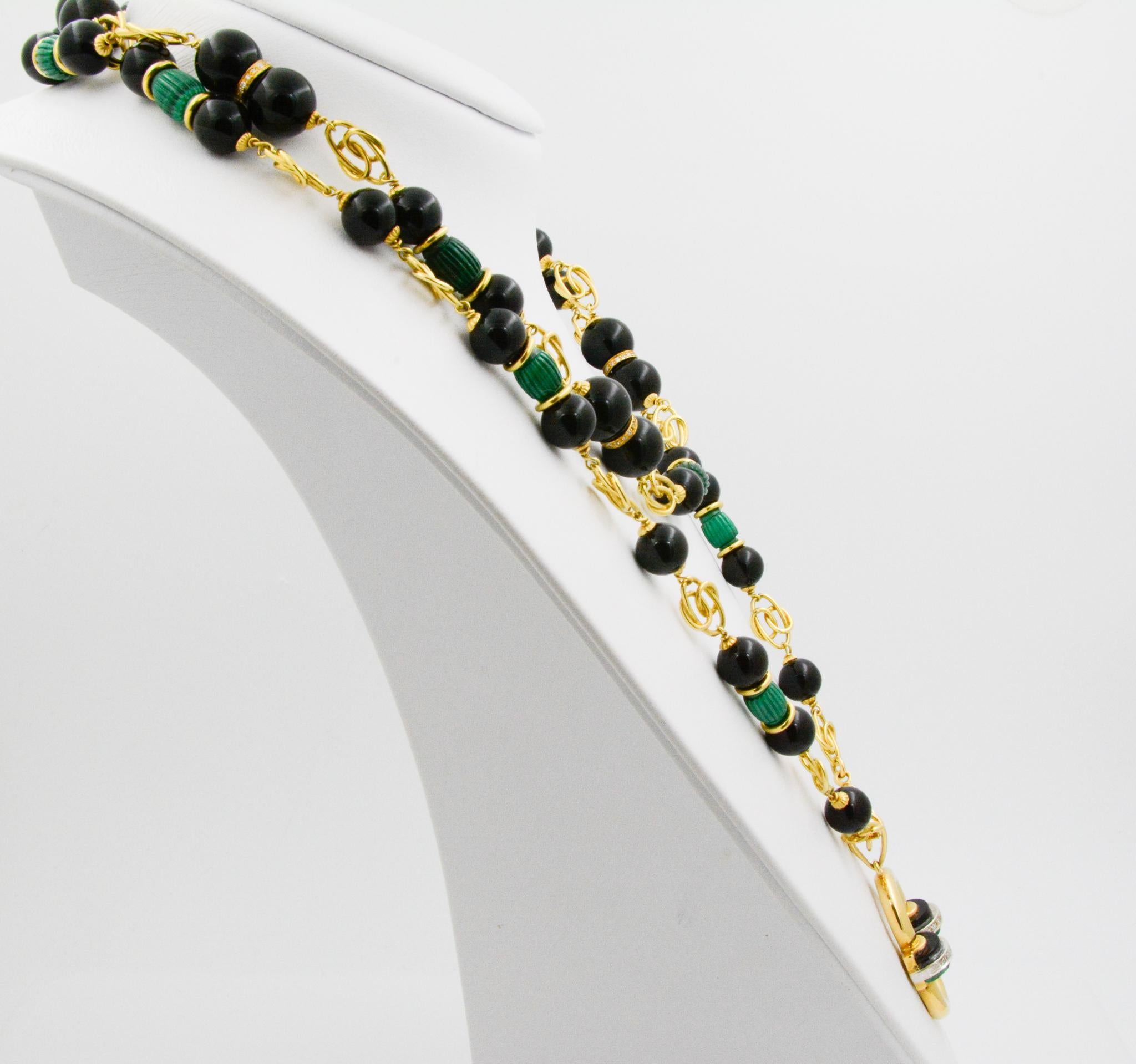 Women's Malachite, Diamonds, Onyx 18 Karat Yellow Gold Necklace