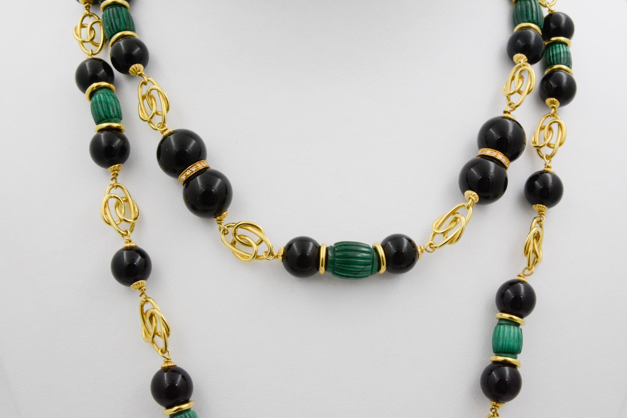 Malachite, Diamonds, Onyx 18 Karat Yellow Gold Necklace 3