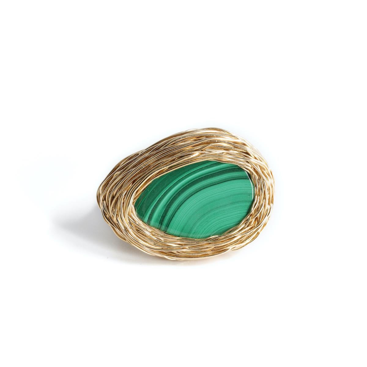 Uncut Malachite Drop Shaped Embrace Cocktail Ring in 14 K Yellow Gold F. by the Artist For Sale