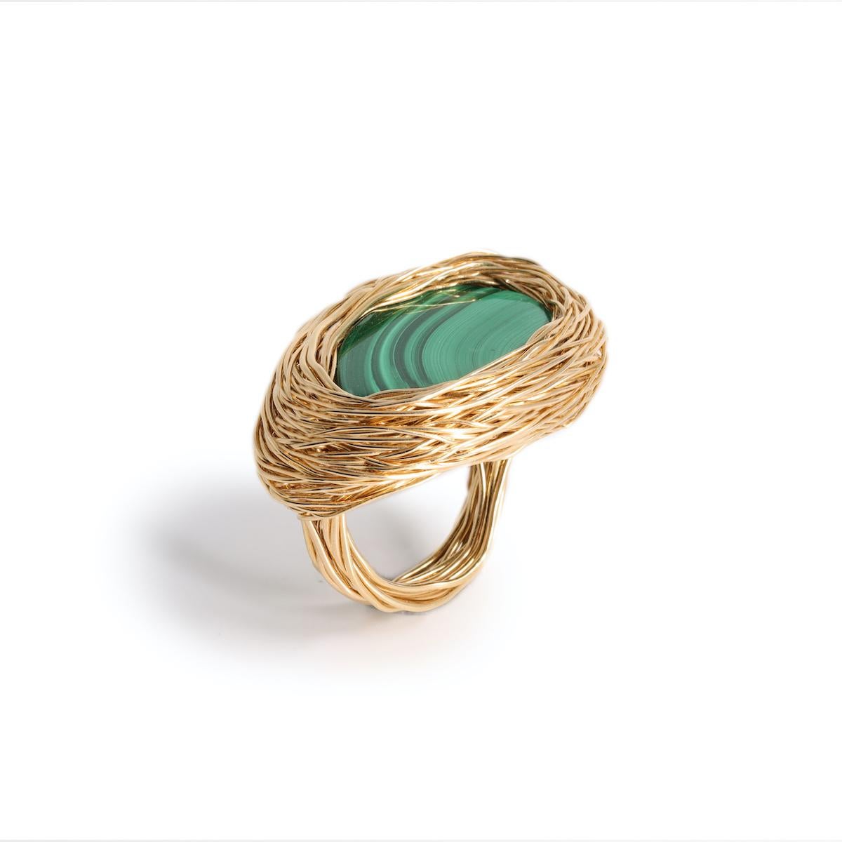 Women's or Men's Malachite Drop Shaped Embrace Cocktail Ring in 14 K Yellow Gold F. by the Artist For Sale