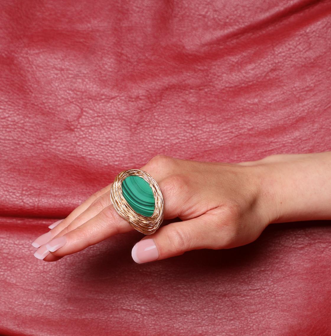 Malachite Drop Shaped Embrace Cocktail Ring in 14 K Yellow Gold F. by the Artist For Sale 3
