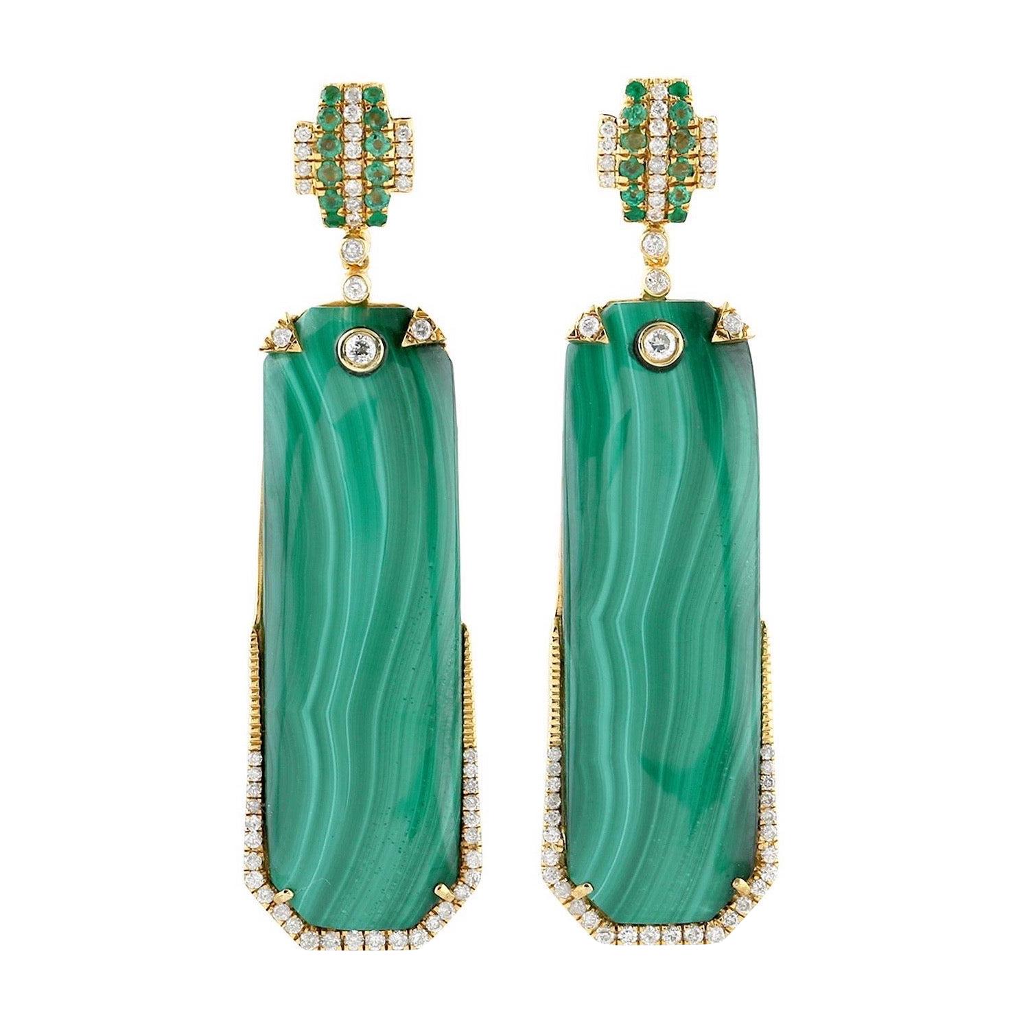 Pendientes de malaquita, esmeralda y diamantes en oro de 14 quilates