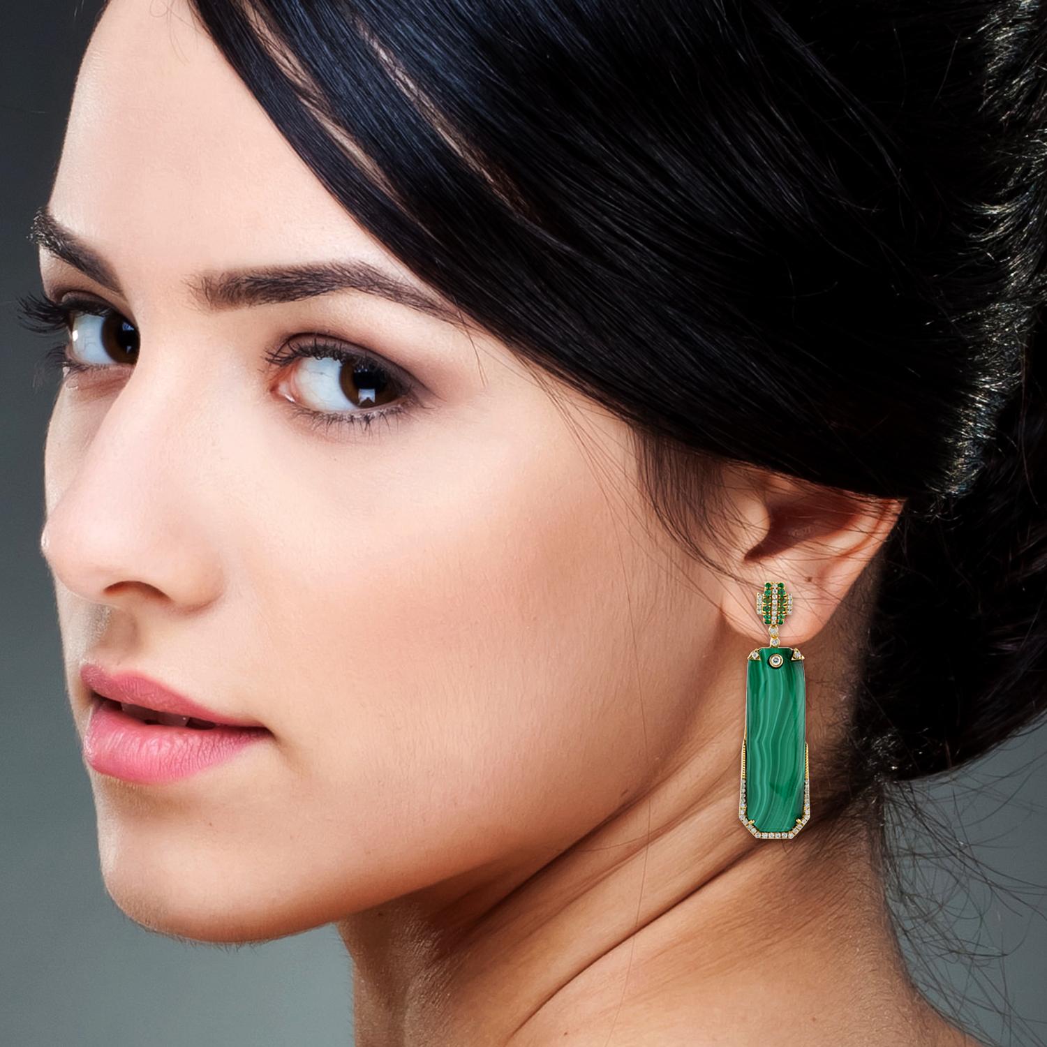 Hand cast from 18-karat gold, these stunning earrings are set with 35.3 carats malachite, .52 carats emerald and .77 carats of glimmering diamonds. 

FOLLOW  MEGHNA JEWELS storefront to view the latest collection & exclusive pieces.  Meghna Jewels
