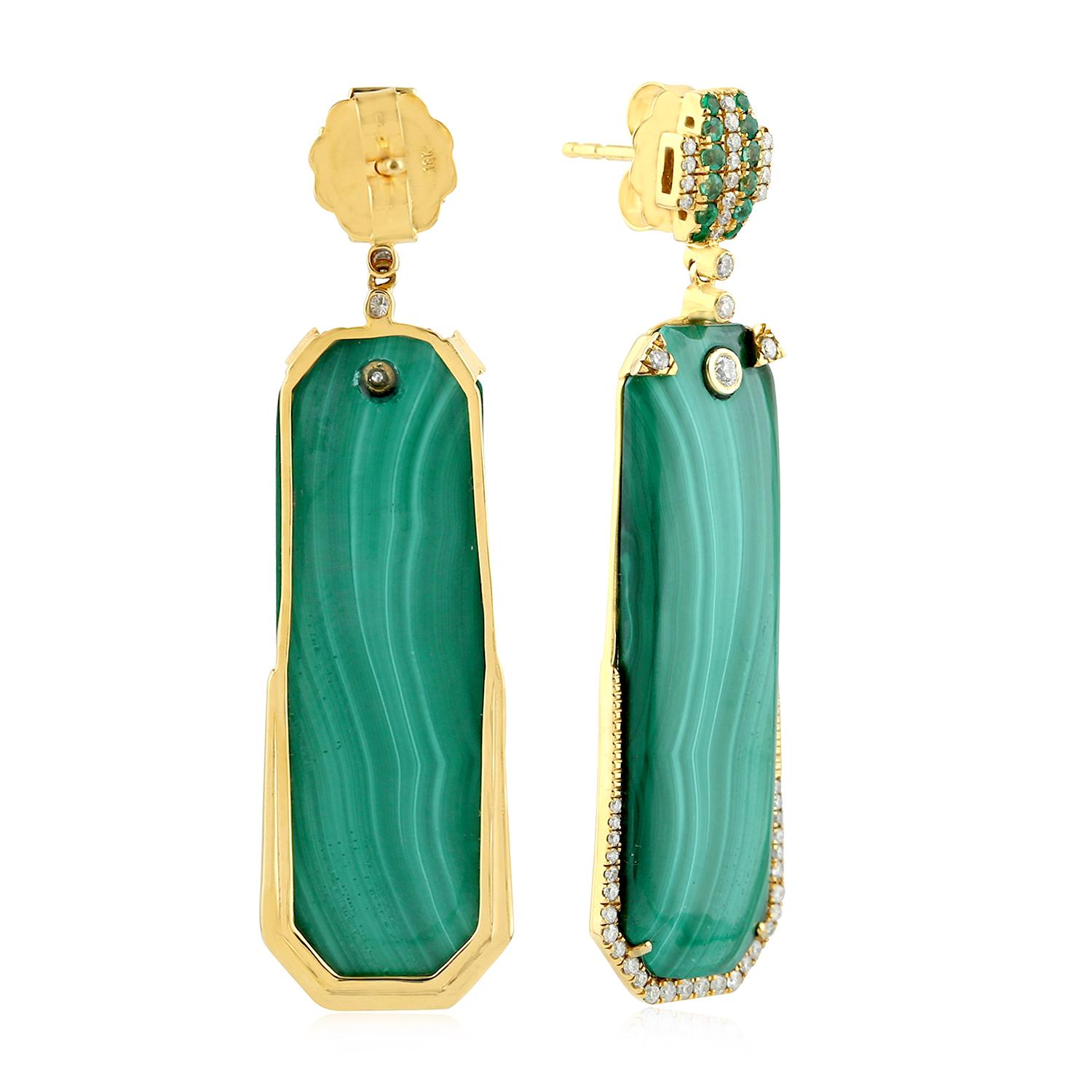 Modern Malachite Emerald Diamond 18 Karat Gold Earrings