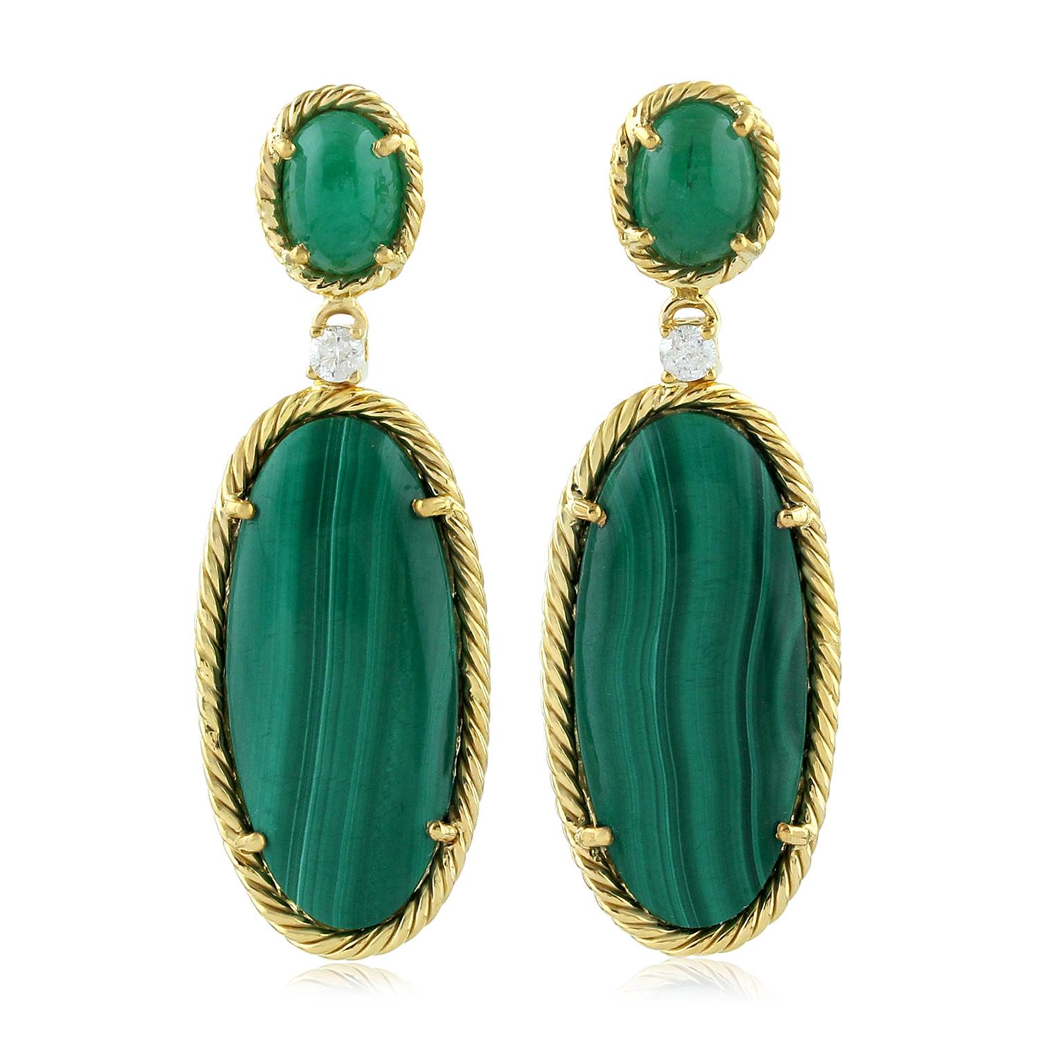 Modern Malachite Emerald Diamond 18 Karat Gold Earrings For Sale