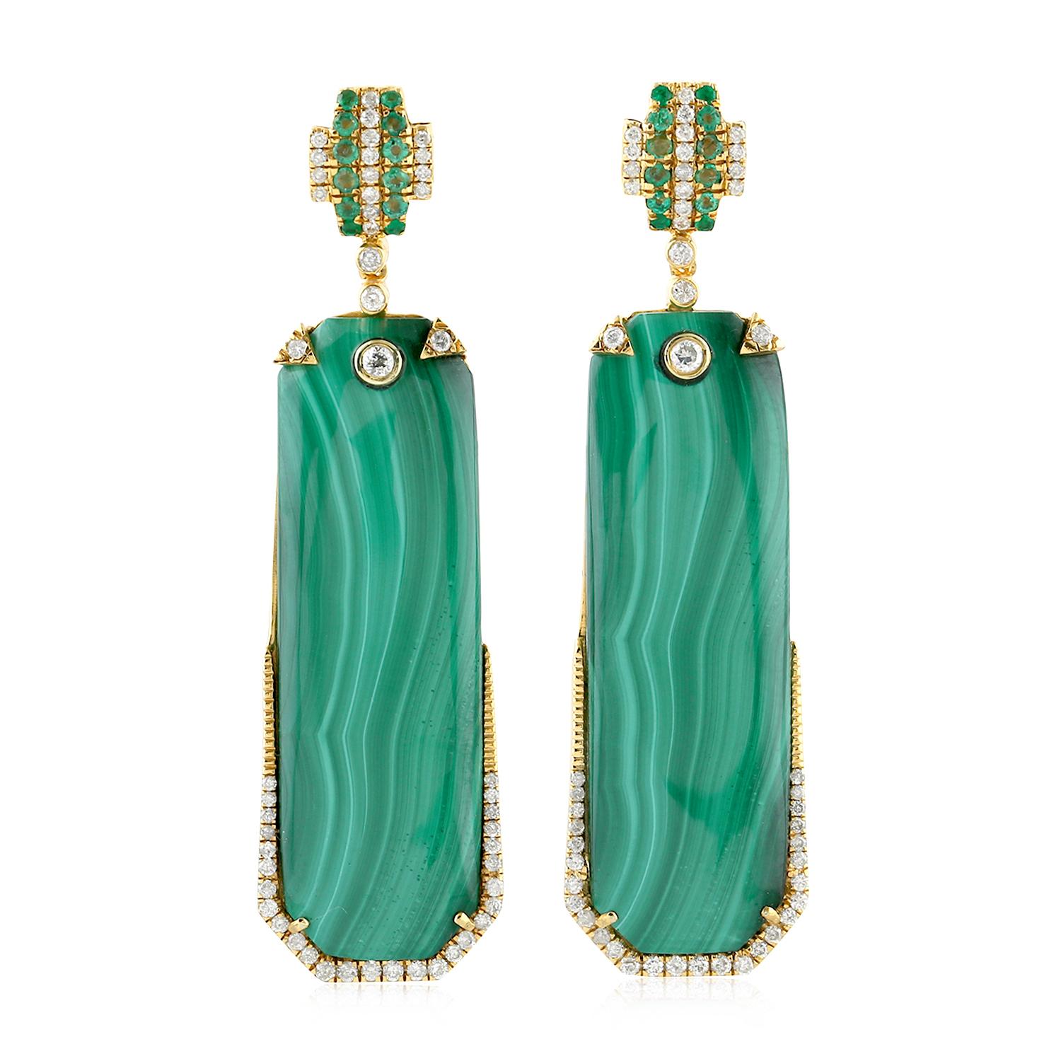 Mixed Cut Malachite Emerald Diamond 18 Karat Gold Earrings