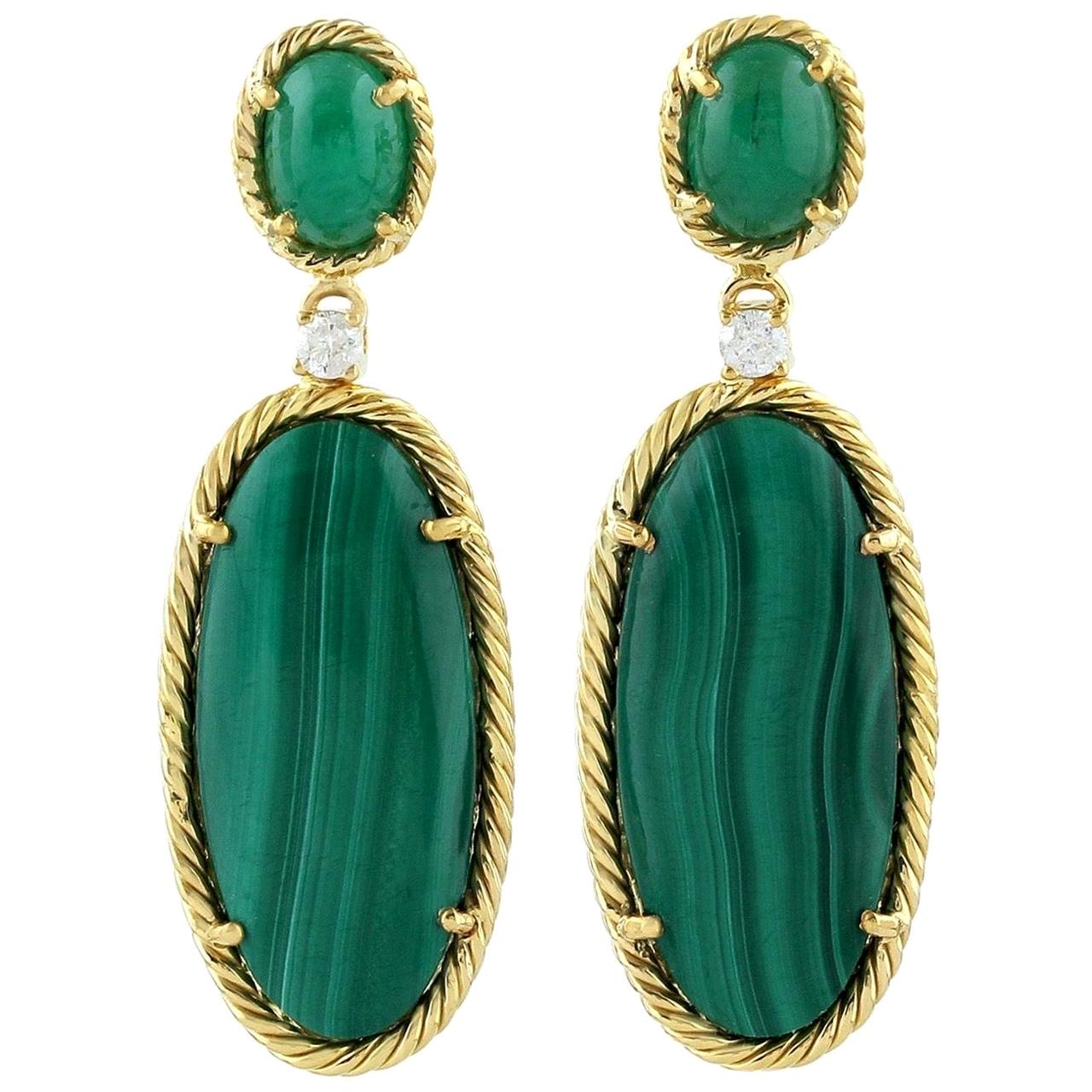Malachite Emerald Diamond 18 Karat Gold Earrings For Sale