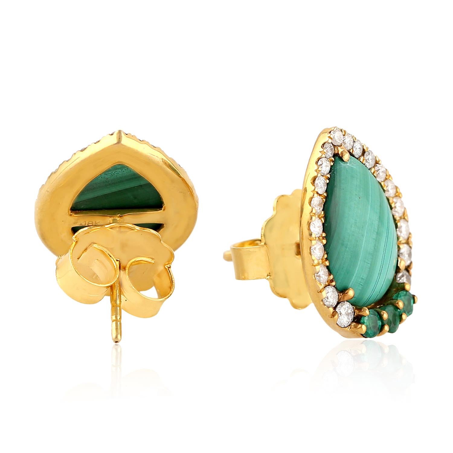 Modern Malachite Emerald Diamond 18 Karat Gold Stud Earrings For Sale