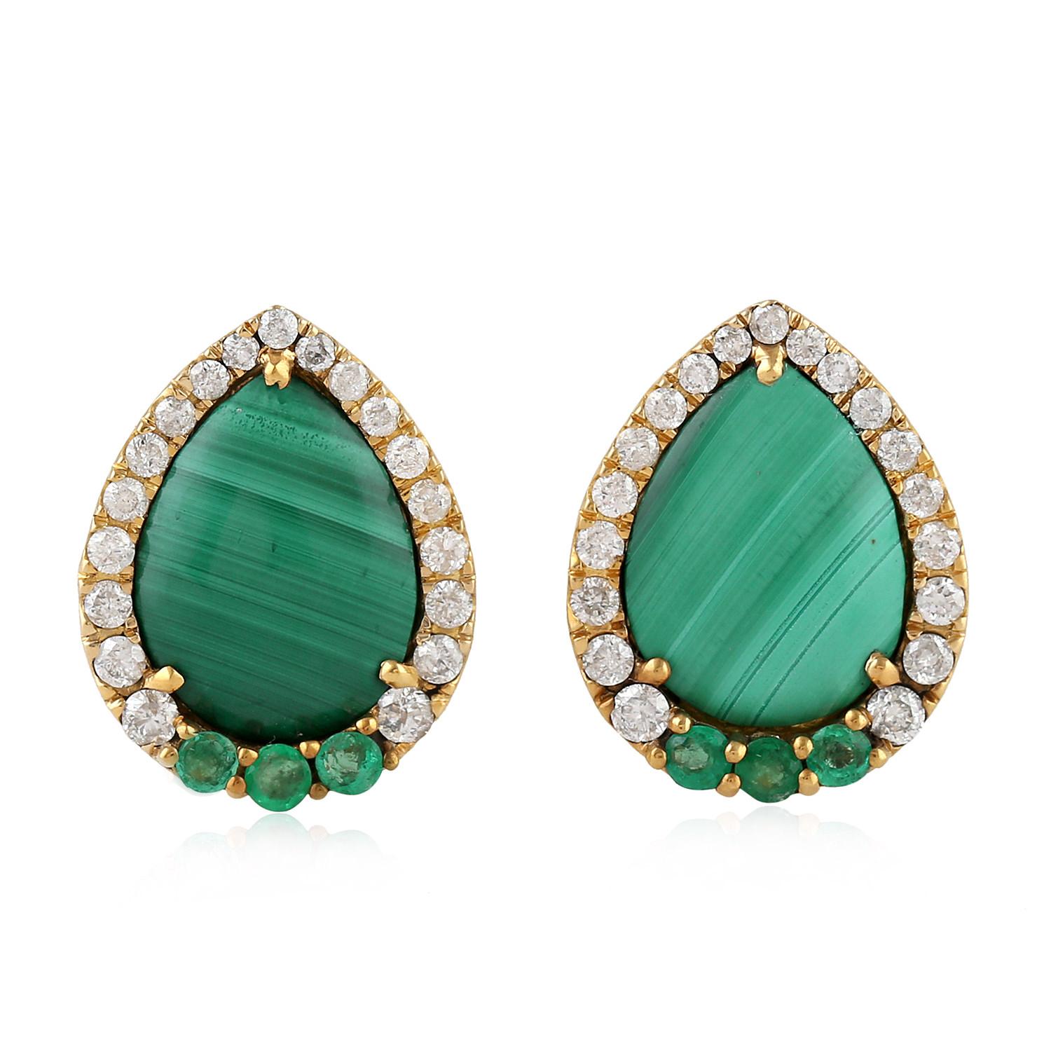 Pear Cut Malachite Emerald Diamond 18 Karat Gold Stud Earrings For Sale