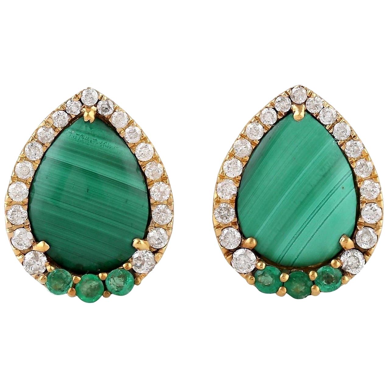Malachite Emerald Diamond 18 Karat Gold Stud Earrings