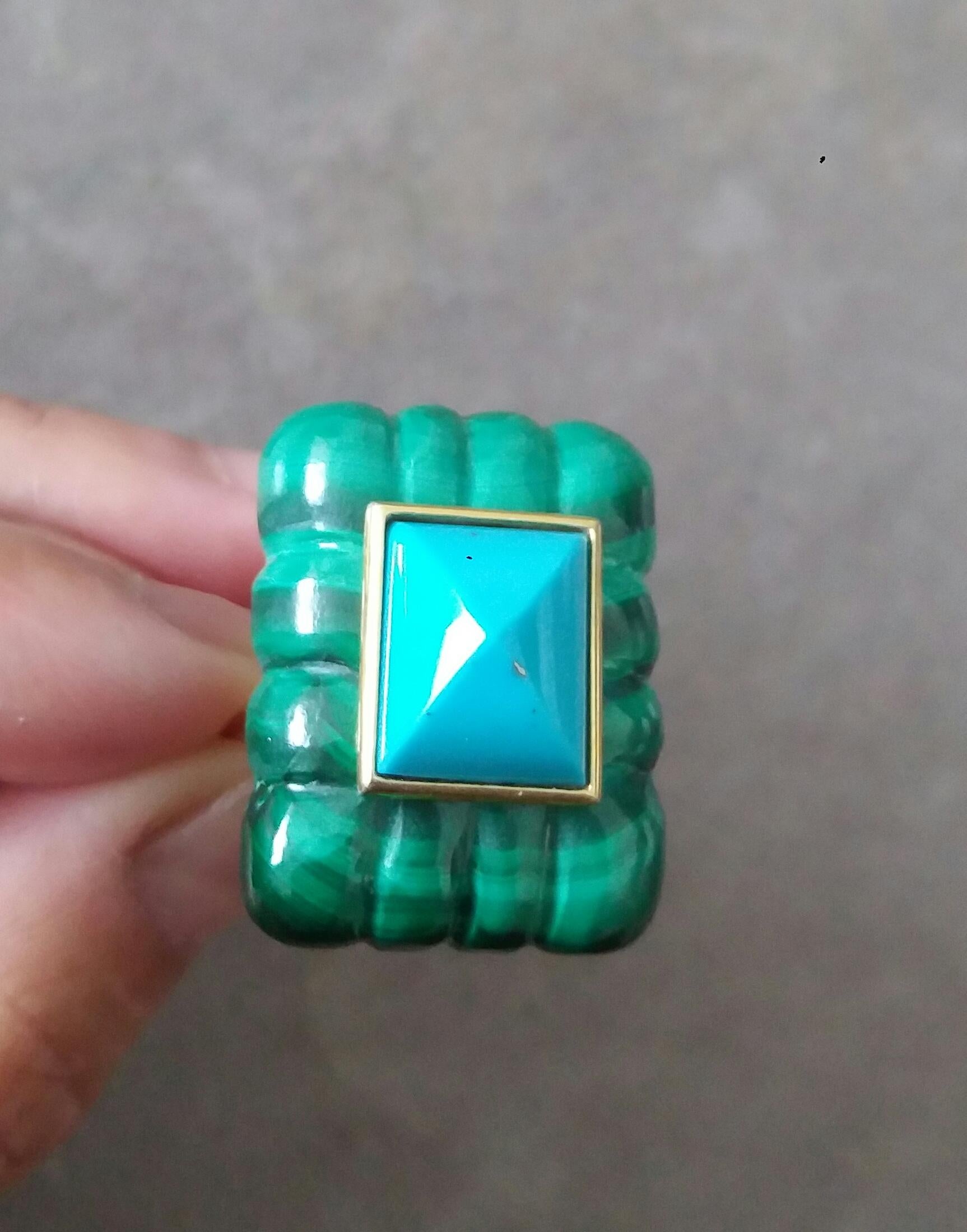 Bague pyramide de turquoise de forme rectangulaire gravée en malachite et or jaune 14 carats en vente 4
