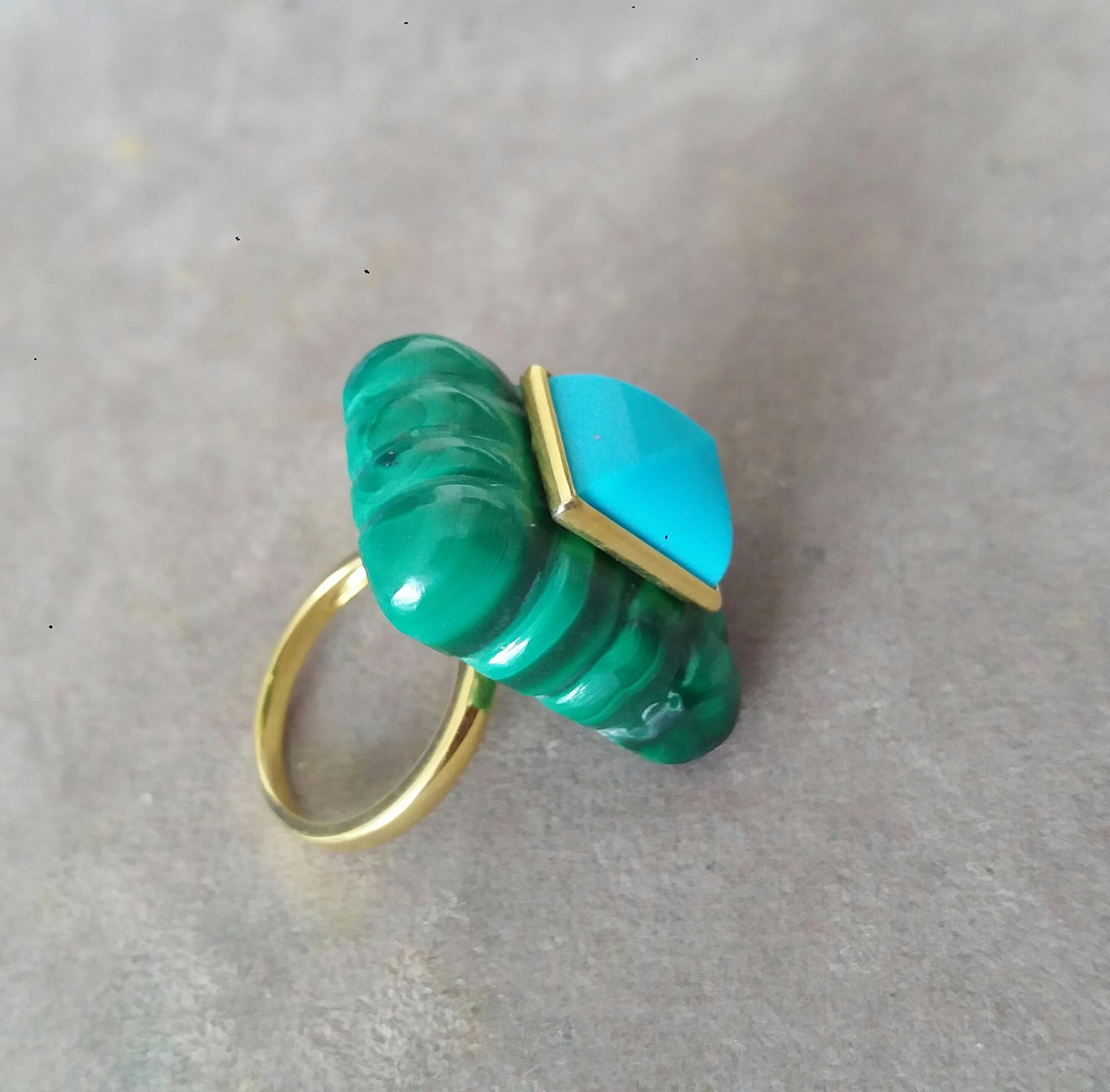 Bague pyramide de turquoise de forme rectangulaire gravée en malachite et or jaune 14 carats en vente 6
