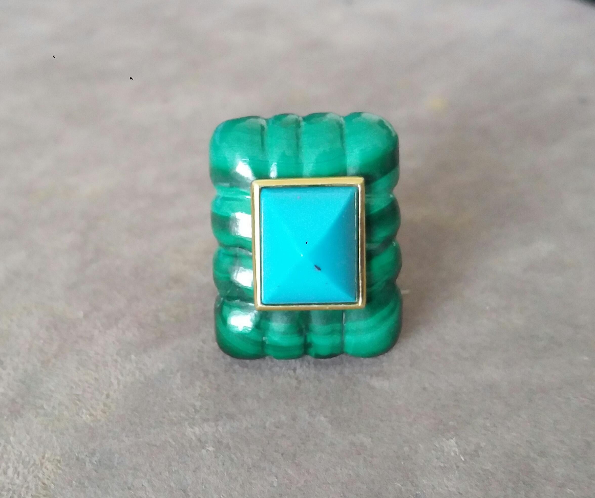 Bague pyramide de turquoise de forme rectangulaire gravée en malachite et or jaune 14 carats Neuf - En vente à Bangkok, TH