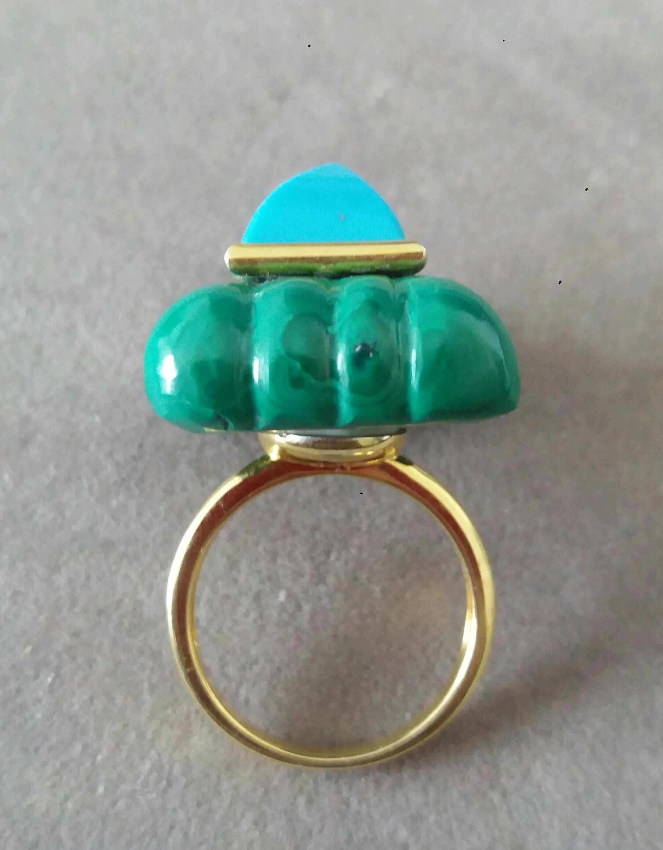 Bague pyramide de turquoise de forme rectangulaire gravée en malachite et or jaune 14 carats en vente 1