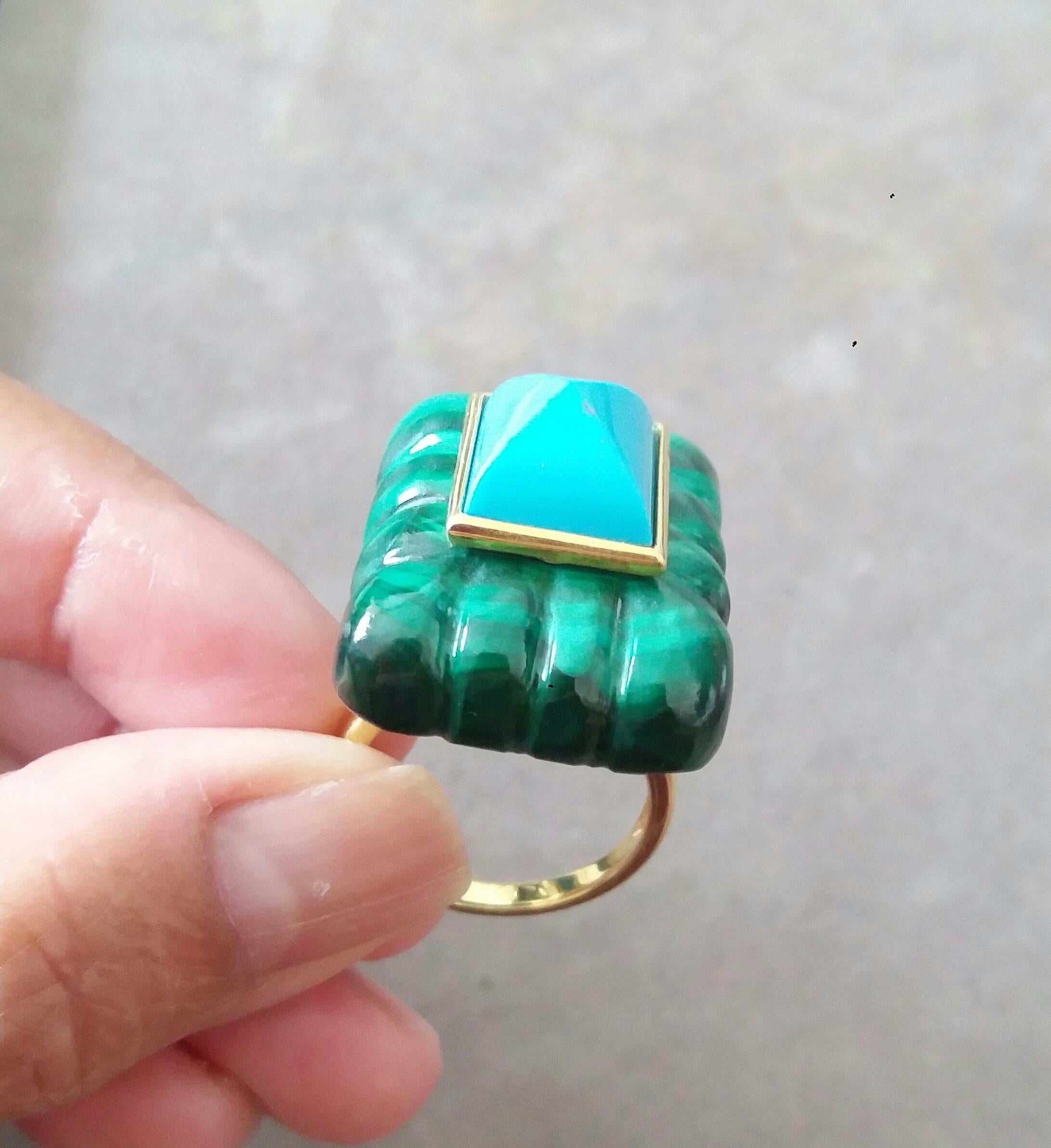 Bague pyramide de turquoise de forme rectangulaire gravée en malachite et or jaune 14 carats en vente 2
